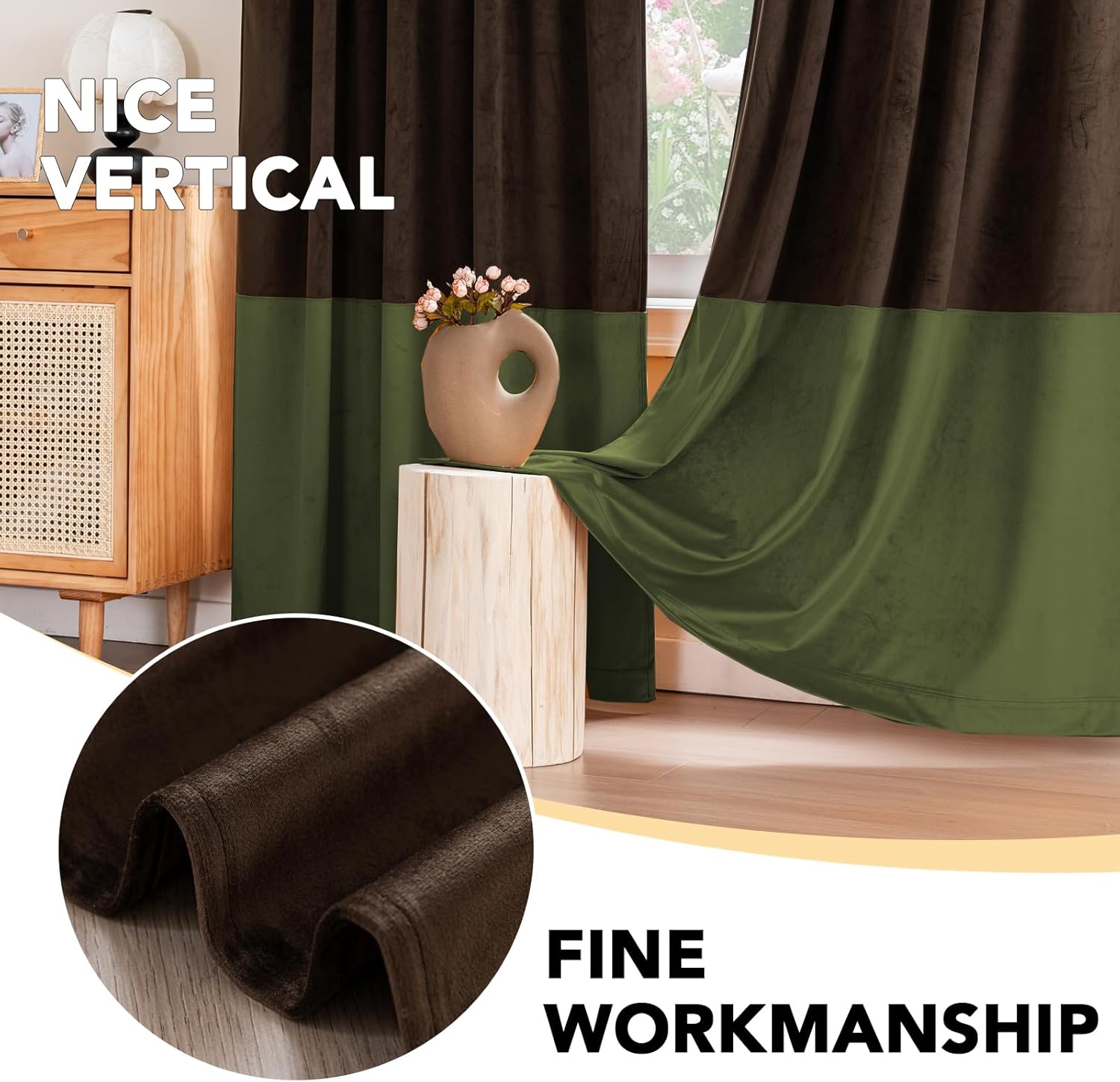 H.VERSAILTEX Velvet Patchwork Curtains Thermal Insulated Soundproof Room Darkening Drapes Rod Pocket Window Treatment Panels for Living Room Bedroom,2 Panels,Brown/Sage,52" W x 96" L