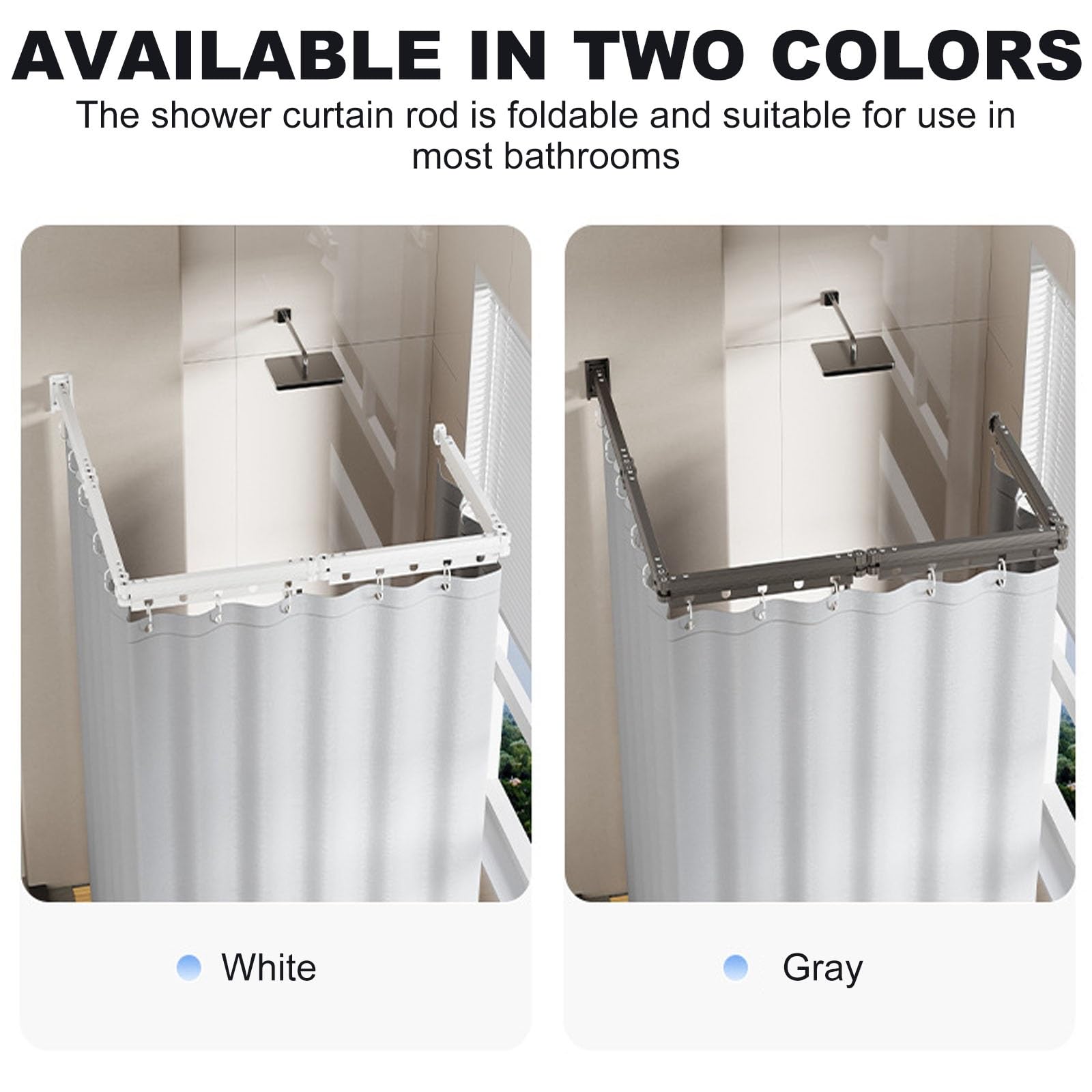 Tenda da doccia pieghevole a parete, con ventose senza punzonatura, asta per doccia regolabile e resistente, per vasca da bagno (grigio, 4 pieghe (tenda 1,5 m x 2 m)