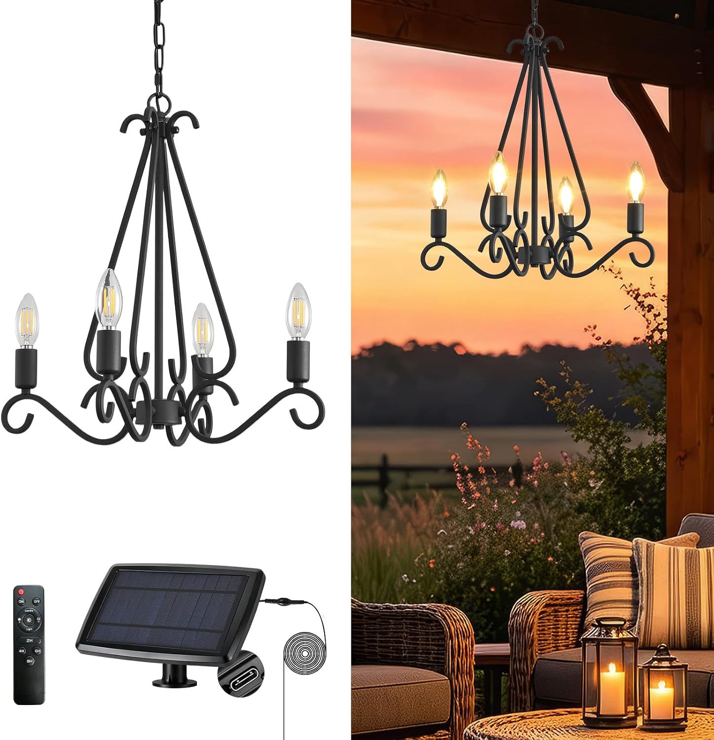 Solar Chandelier Outdoor, 4 Candle-Style Dimmable Solar Powered Hanging Pendant Light Fixture, Waterproof Farmhouse Outdoor Decor Lighting for Gazebo, Pergola, Porch, Patio, Backyard, Garden