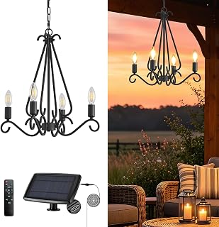 Solar Chandelier Outdoor, 4 Candle-Style Dimmable Solar Powered Hanging Pendant Light Fixture, Waterproof Farmhouse Outdoor Decor Lighting for Gazebo, Pergola, Porch, Patio, Backyard, Garden
