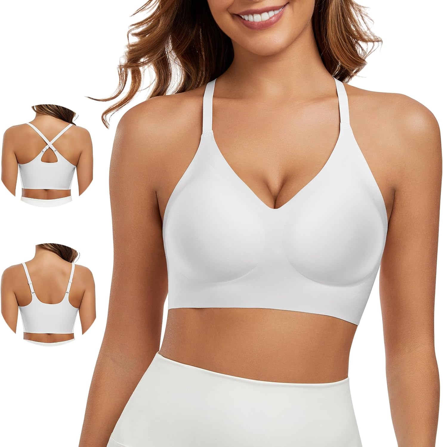Comfortable Seamless Wireless Racerback Cross Back Pull on Bra V Neck Cami Bralette with Support Sport Everyday Bra