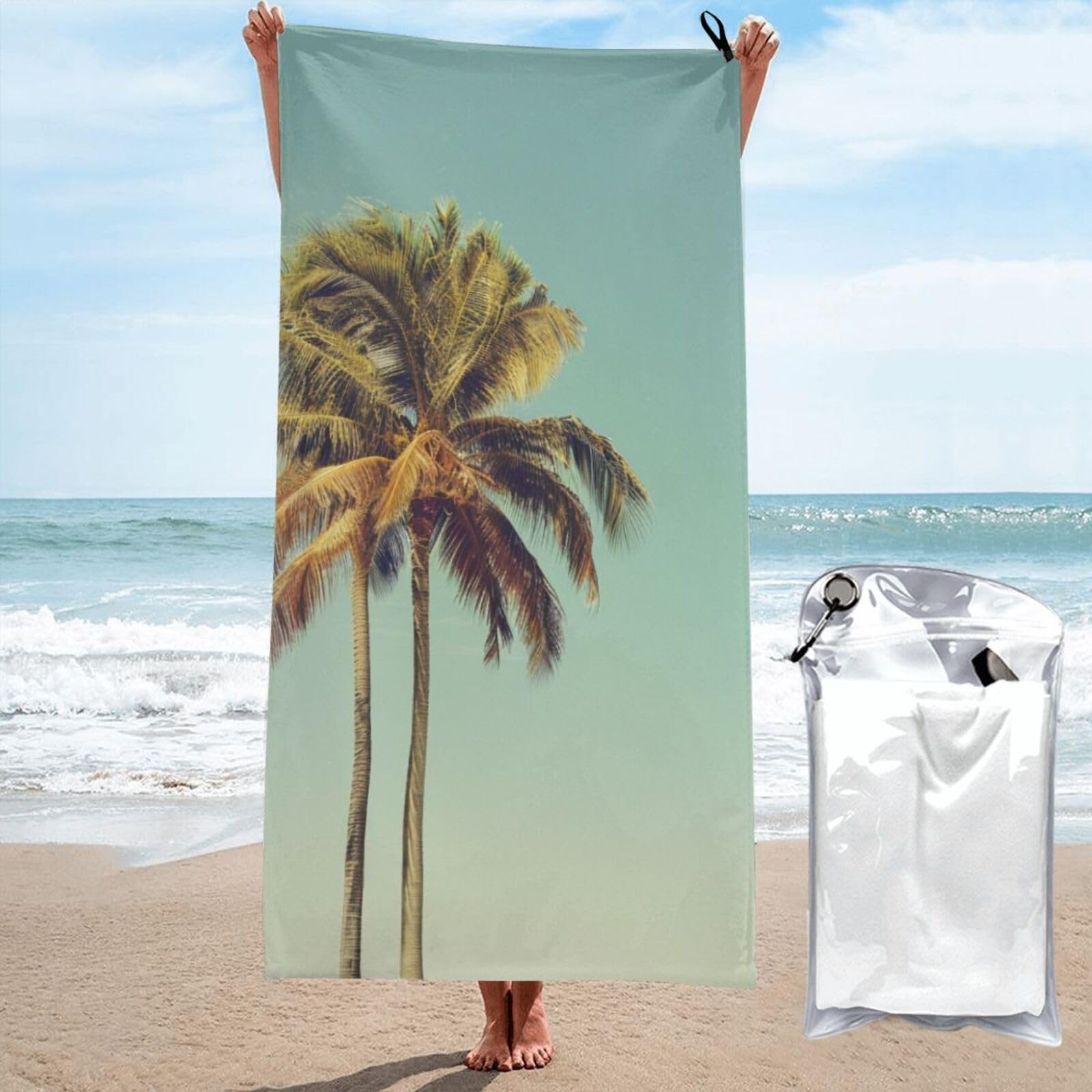 kkvhhyuo Microfiber Beach Towel, Palm Tree Printed Lightweight Quick Dry Travel Bath Sheet with Compact Carry Bag for Swimming Yoga Camping Gym,31.5"x63"
