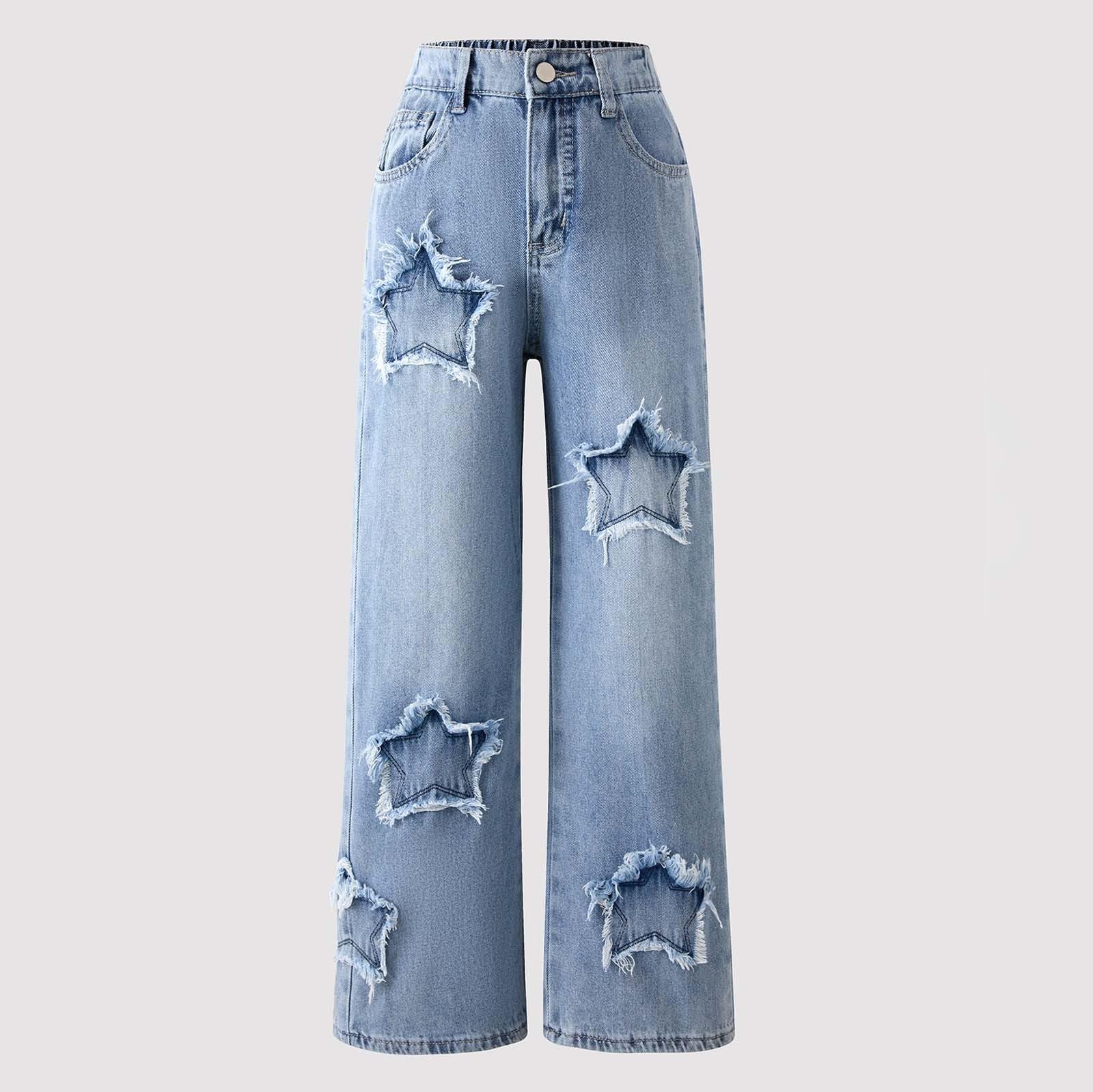 Pantalones Vaqueros NiñA -Pantalones De Moda para NiñAs con Decoraciones De Estrellas, Cintura EláStica, Vaqueros De Pierna Ancha para Adolescentes, Atuendo Casual Y CóModo para Uso Diario,
