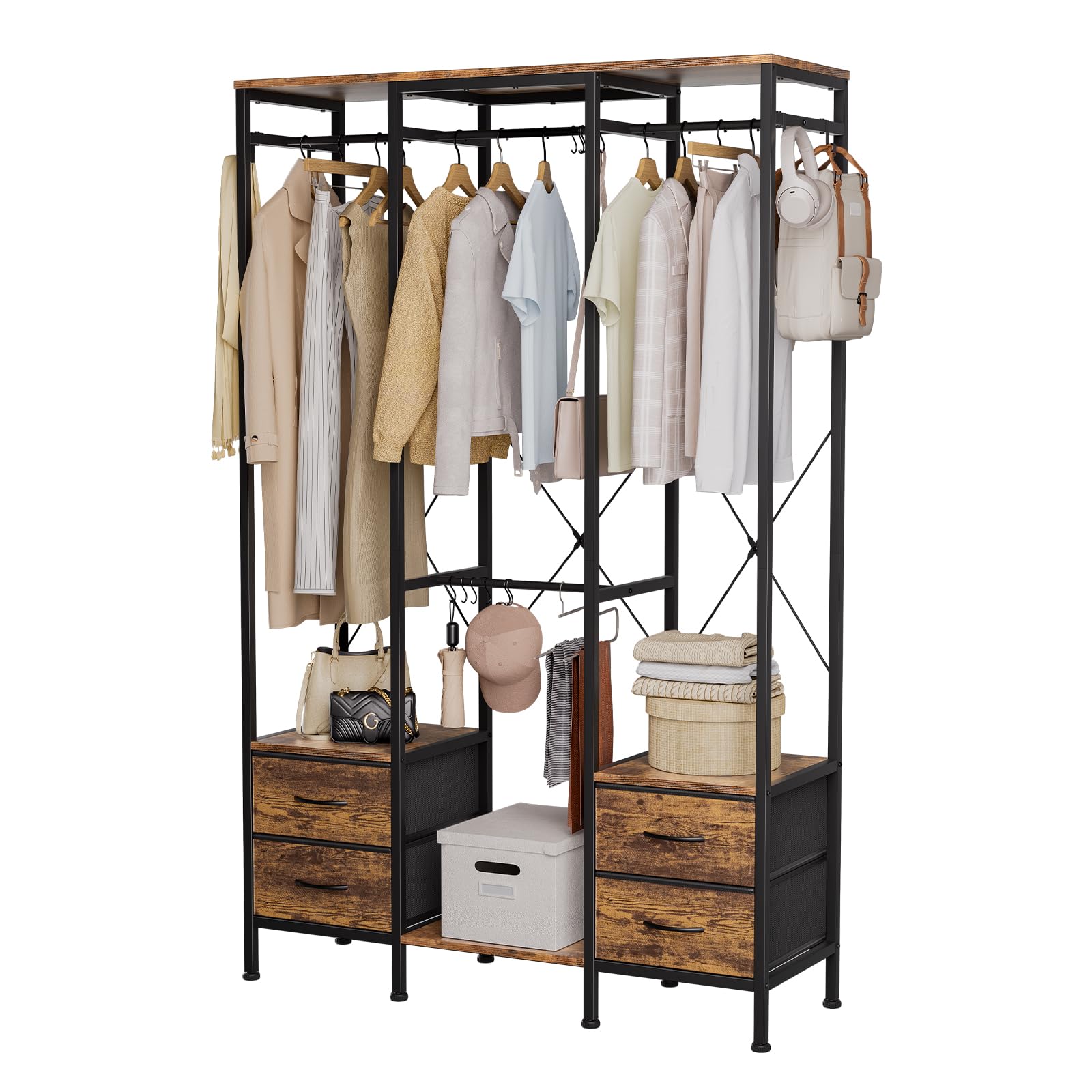 Portant vêtements Robuste，penderie avec 4 tiroirs Rangement，Noir | Matériaux écologiques，Montage facile，Structure panneaux et cadre métallique, robuste et durable，Grande capacité de rangement