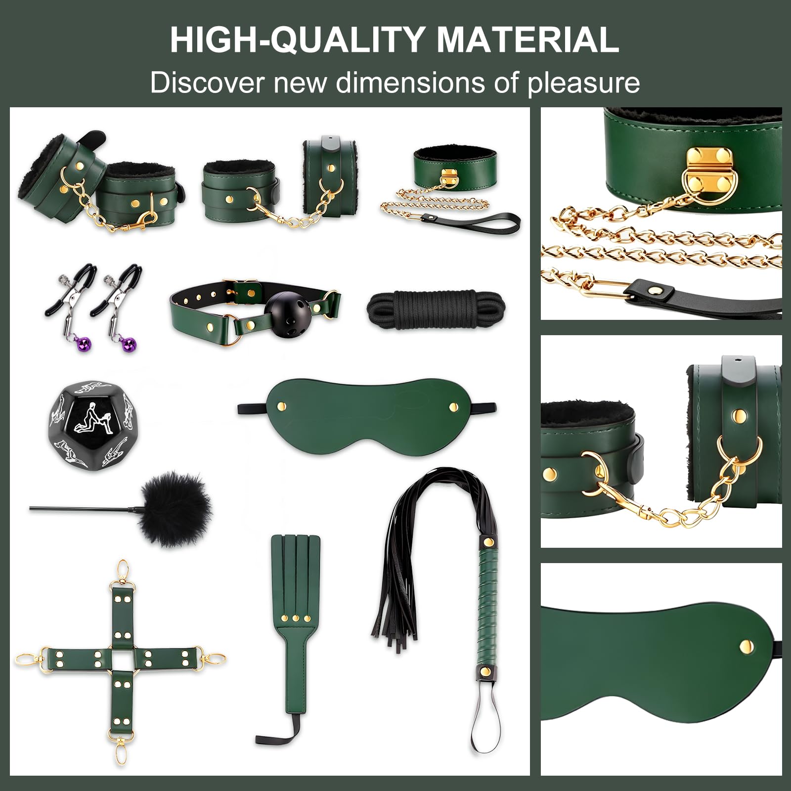 Bondage Set 15 Pièces BDSM Kit de Contrainte Réglable pour Couples avec Menottes Bandeau Bâillon & Fouet Équipement de Bondage pour Débutants à Avancés Durable et Doux pour la Peau (Vert)