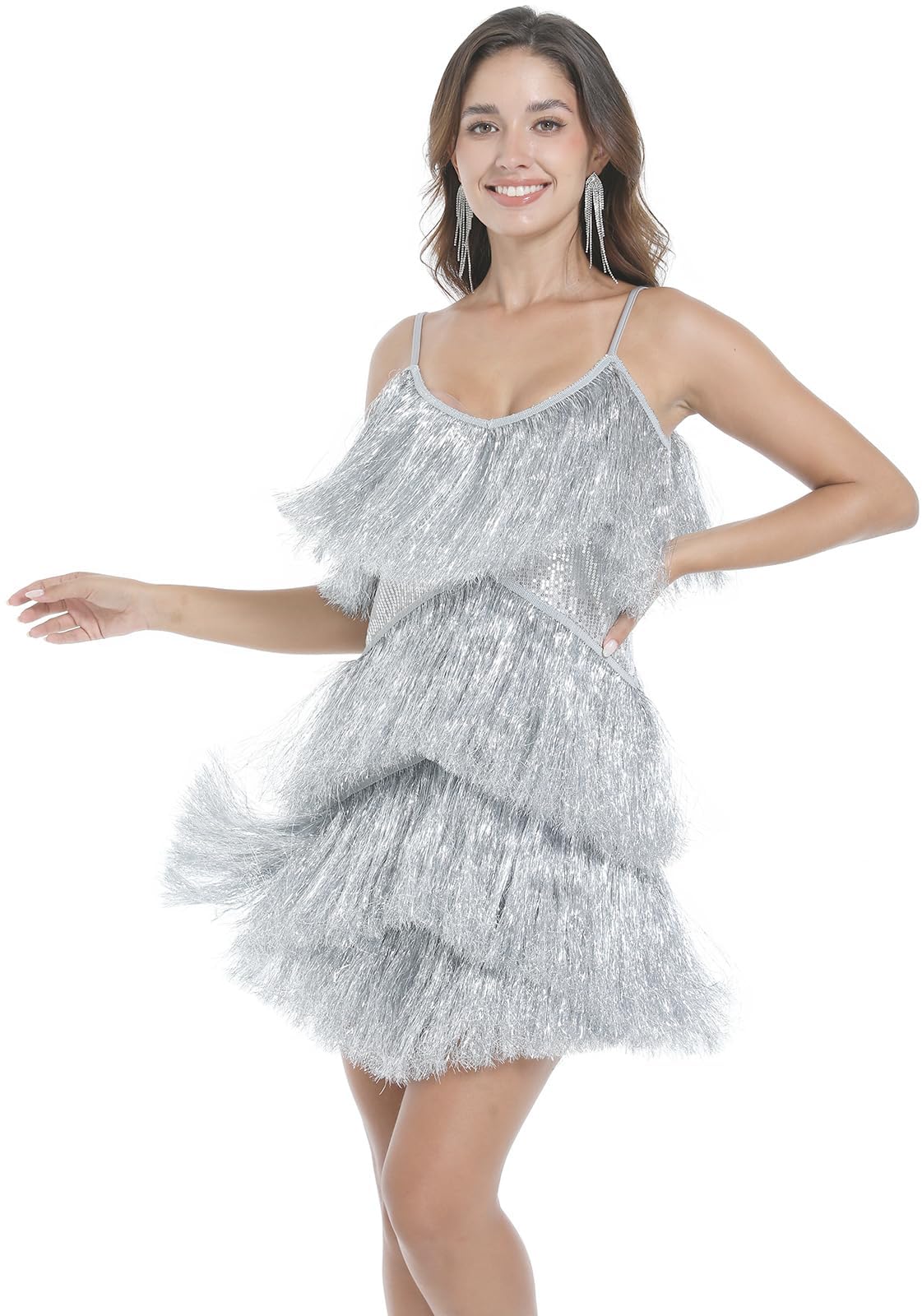 Women Flapper Dresses 1920s V Neck Beaded Fringed Great Gatsby Club &amp; Night Out Dresses