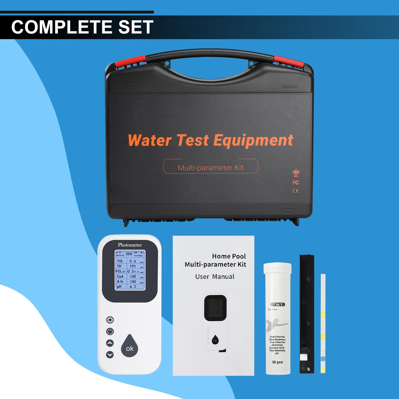 Analizzatore Acqua Digitale per Piscina e Spa Test Kit Professionale per Cloro Libero e Totale, pH, Durezza, Alcalinità, Acido Cianurico, Bromo Tecnologia Fotoelettrica Include Strisce Reattive
