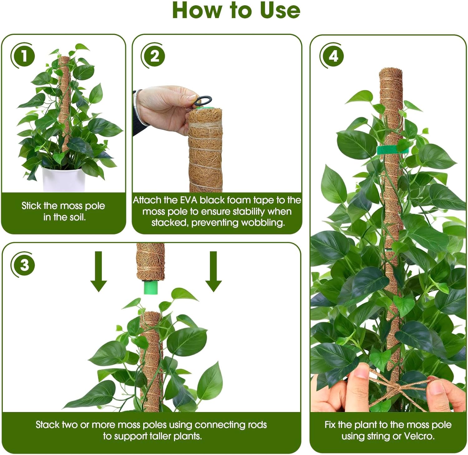 4 Pack 20 Inch Moss Poles, Stackable Moss Pole Monstera Plant Support, 66 Inch Tall Plant Stakes for Climbing Plants Indoor, Coir Plant Support Stick Stand for Potted Plants, Pothos, Philodendron