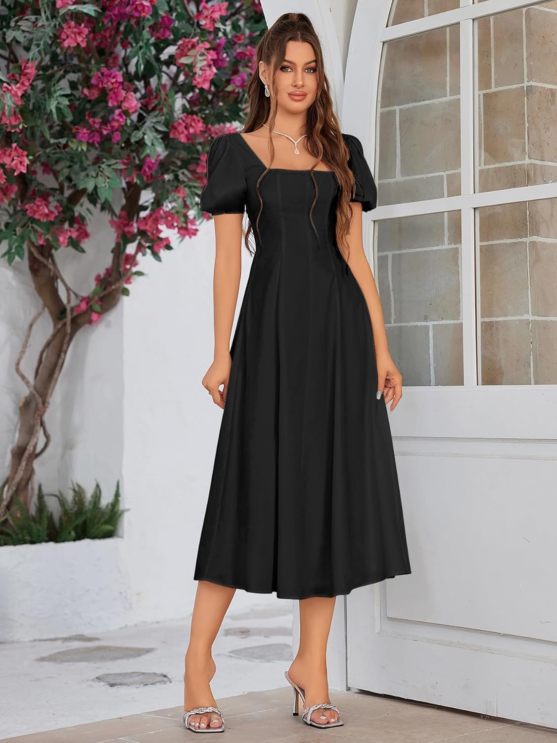 Women 2024 Summer Square Neck Puff Sleeve Smocked Midi Dress Flowy A Line Ruffle Casual Dresses - Image 2