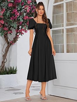 VKIHOC Women 2024 Summer Square Neck Puff Sleeve Smocked Midi
