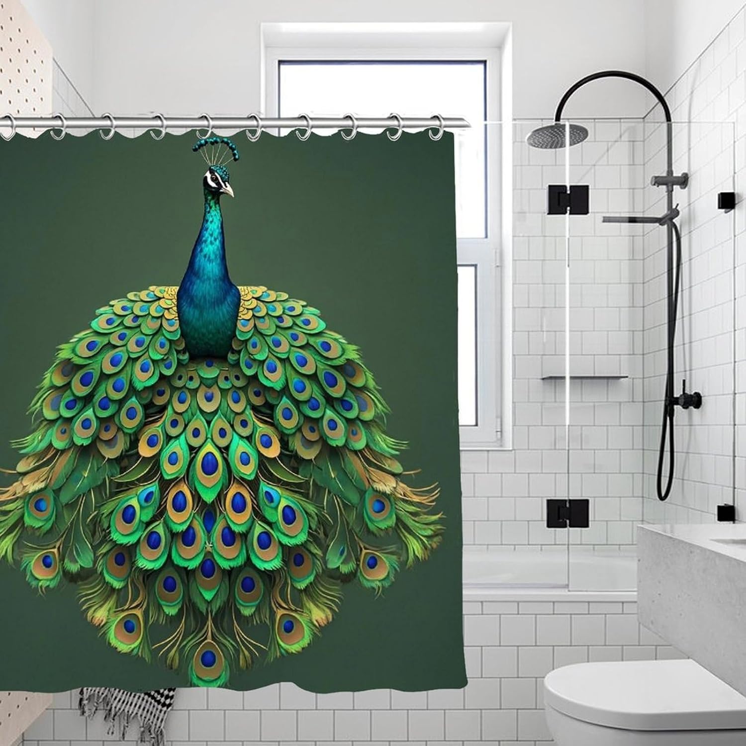 Peacock with Tassels Shower Curtain for Home, Reusable Curtain Liner with Hooks, Lightweight Bath Curtains for Hotel, Waterproof Bath Curtains for Gym, Apartment, 70.8"x70.8" image 2