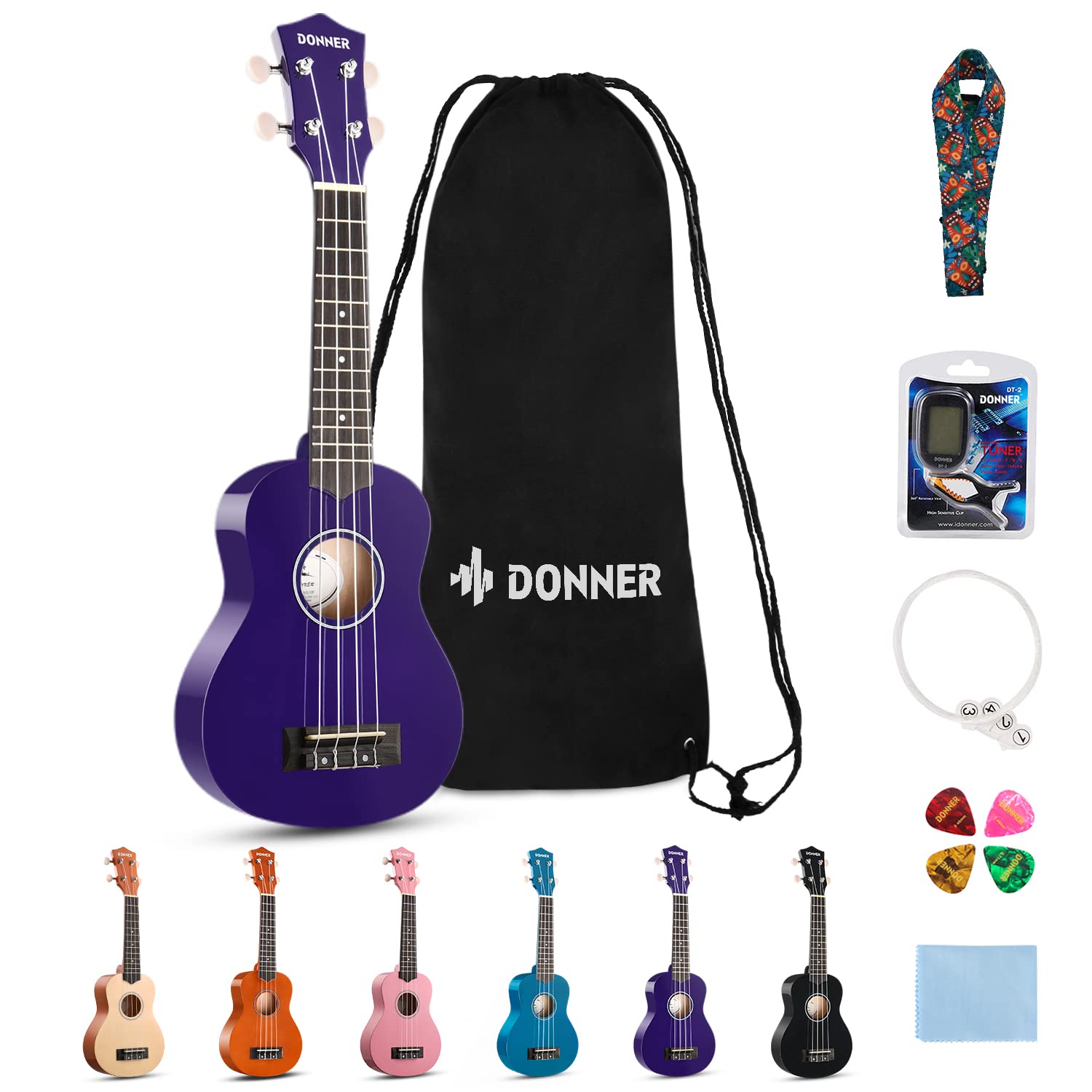 Donner Soprano Ukulele for Beginner 21 Inch Ukelele Starter Bundle Kit with Free Online Lessons Bag Strap String Tuner Picks Cloth (Purple)