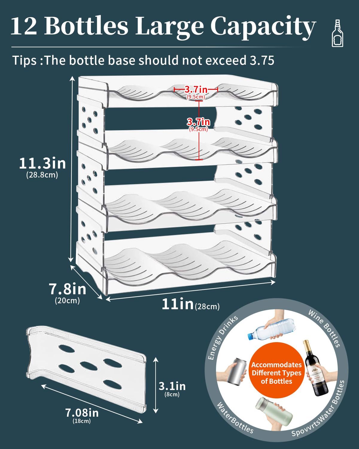 Botellero - Nevera que ahorra espacio, apilable y transparente - Ideal para botellas de agua, botellas de agua, vasos con pajita y latas (4 capas 12 botellas)