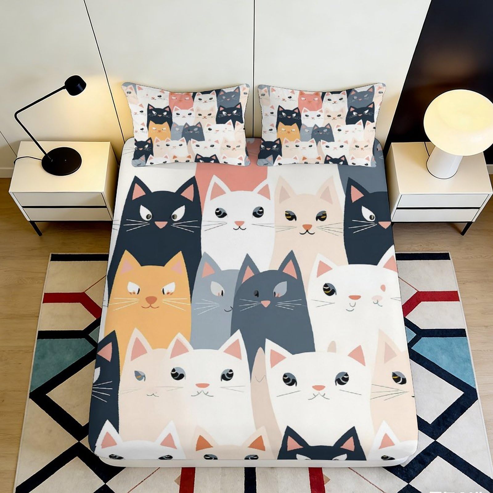 3D Printed Cartoon Cat Pattern Fitted Sheet Microfiber Non-Slip Mattress Cover for Bedroom Dorm Machine Washable 120x200x25cm