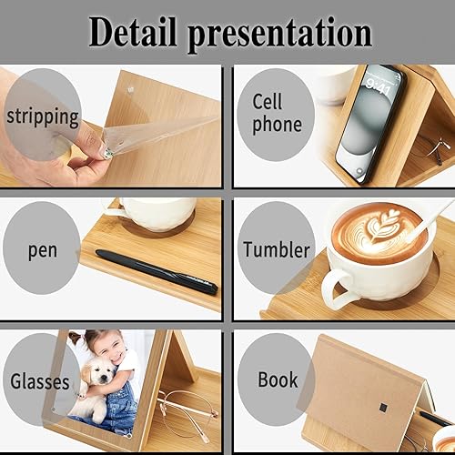 Miniatura 6 de Soporte para libros de bambú, soporte triangular para libros con marco de fotos acrílico, soporte para libros con soporte para tazas, soporte para