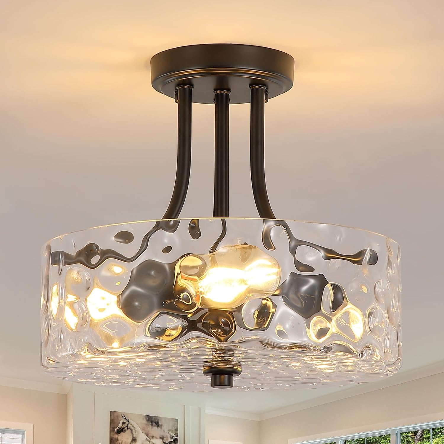 Black Semi Flush Mount Ceiling Light, 11.8" Foyer Lighting Fixtures, 3-Light Modern Glass Entryway Hallway Light Fixture for Dining Room Kitchen Bedroom Laundry Room