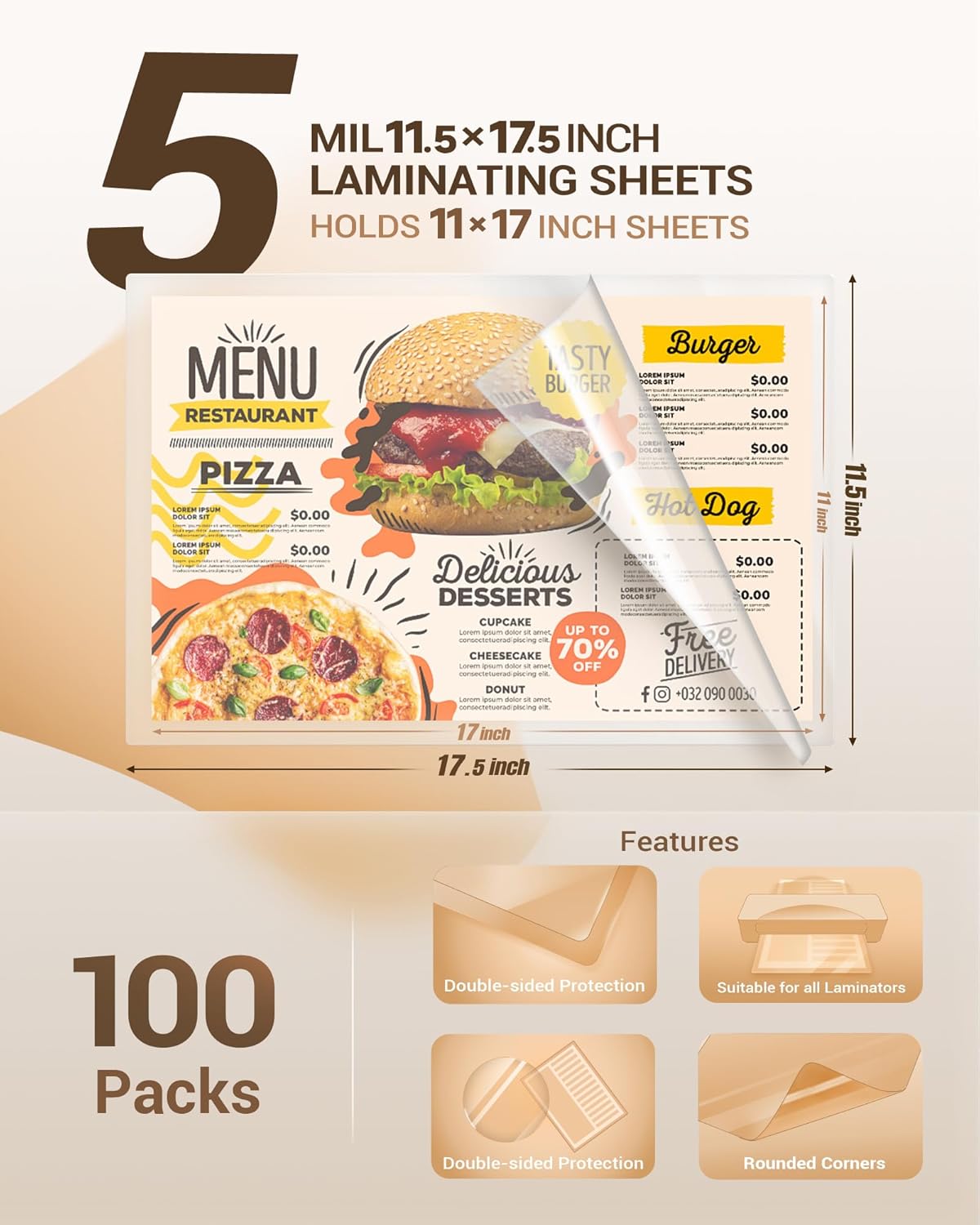 Uinkit 100Pack Thermal Laminating Sheets Hold 11x 17 Sheets 5mil Heavy Duty Laminating Pouches Menu Tabloid Size11.5X17.5 inches Lamination Sheets Paper for Laminator Clear Glossy Rounded Corner