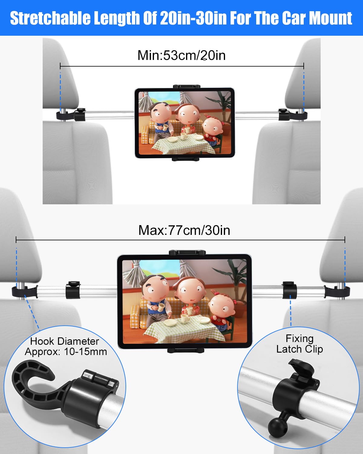 Metallo Porta Tablet da Auto, Supporto Tablet Auto Poggiatesta con 4 ganci di seduta, Universale Porta Tablet Auto Posteriore con Asta Telescopica per 4,7-12,9" iPad Pro Mini, Switch, Cellulare
