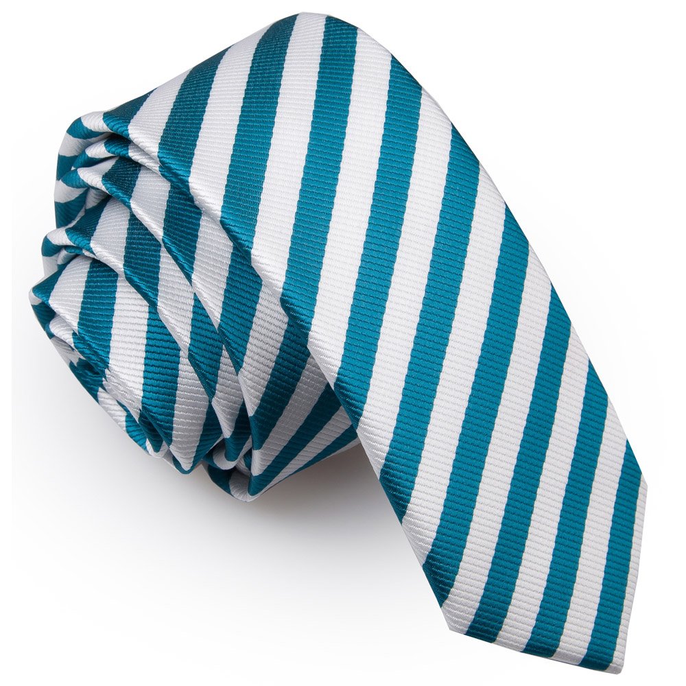 Dqt Men's White And Teal Thin Stripe Tie - 5Cm Slim Skinny Necktie For Wedding, Business & Formal Wear