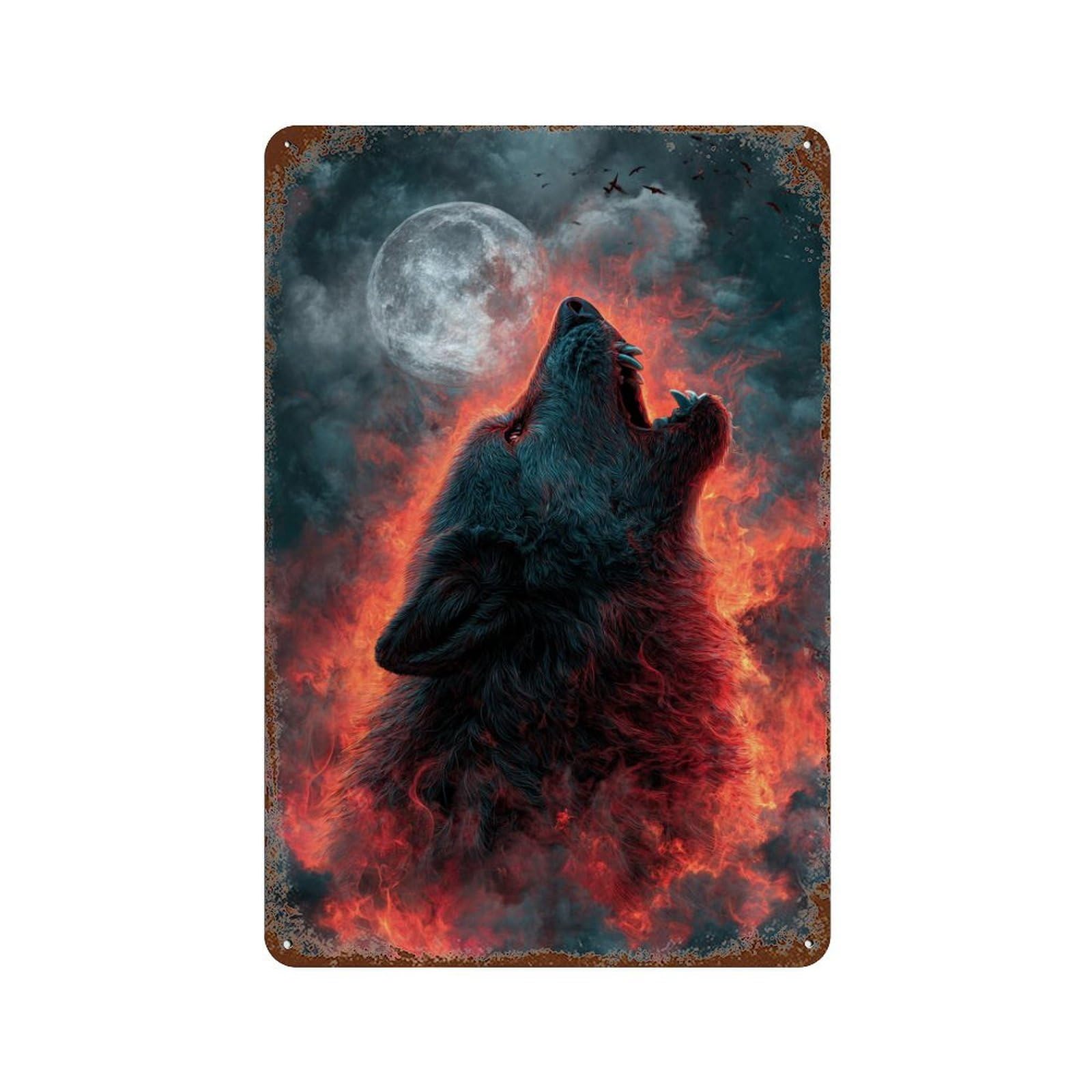 Wolf Howling at Moon Art Print Distressed Metal Wall Sign 11.8"x7.9", Ideal for Pub, Kitchen And Man Cave Decor