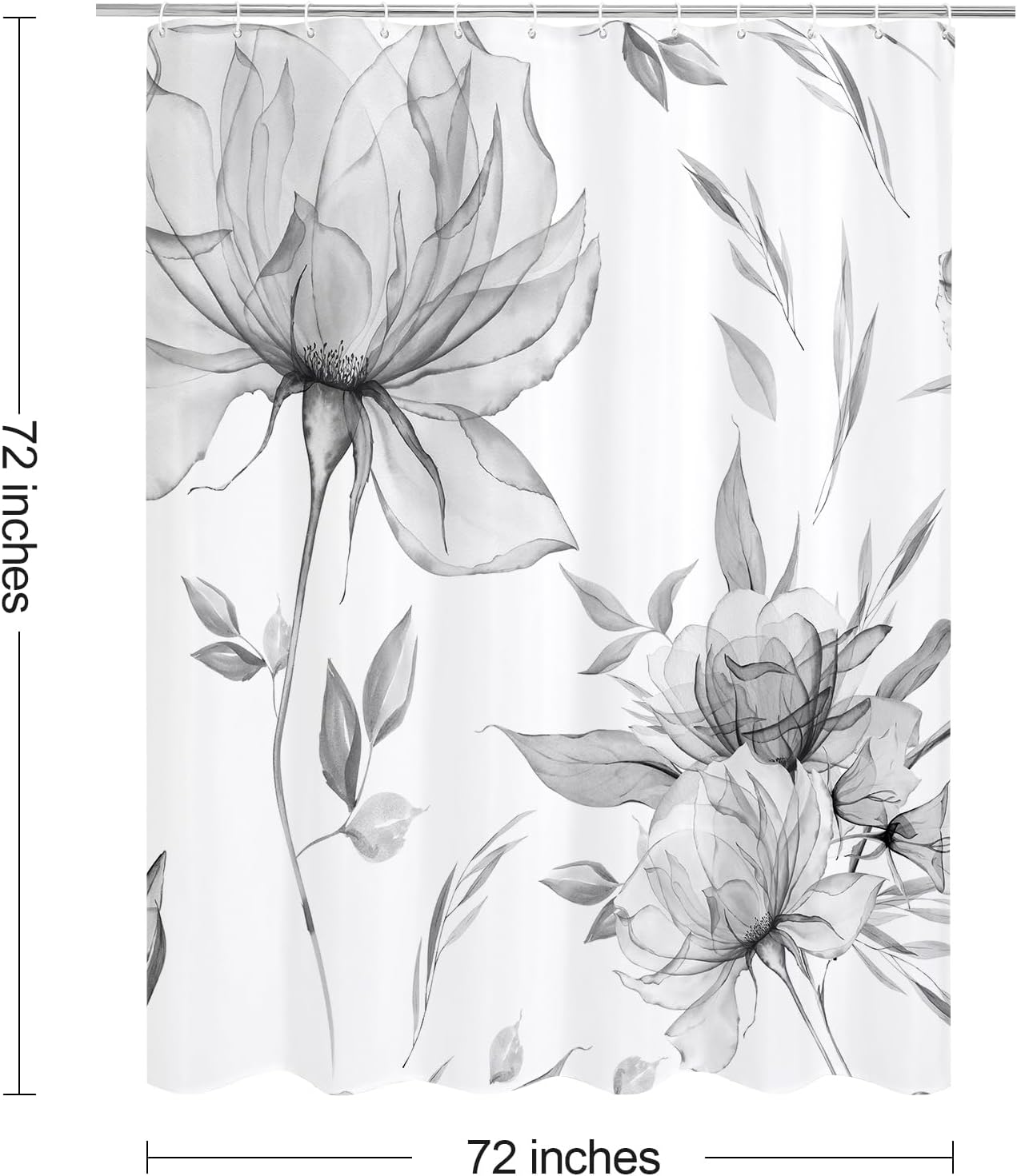 Litabel Grey Boho Watercolor Floral Shower Curtain, Ink Painting Style Blossom & Leaf Shower Curtains for Chic Elegant Bathroom, Artistic Fabric Cloth Flower Shower Curtain, 72x72
