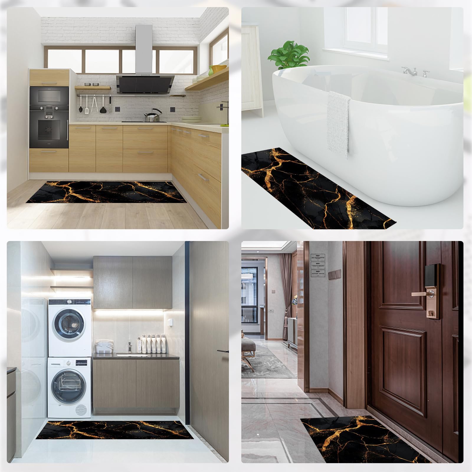 Set Di 2 Tappeto Cucina - Impermeabile - Antiscivolo - Antimacchia - Lavabili - Tappetini Da Strisce Astratte - Per Corridoio Cucina - Marmo Elegante - Oro Nero - 40X60+40X120Cm