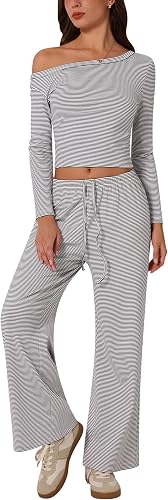 AGYMNX 2 Piece Sets for Women Long Sleeve Off-shoulder Stripe Print Crop Top and