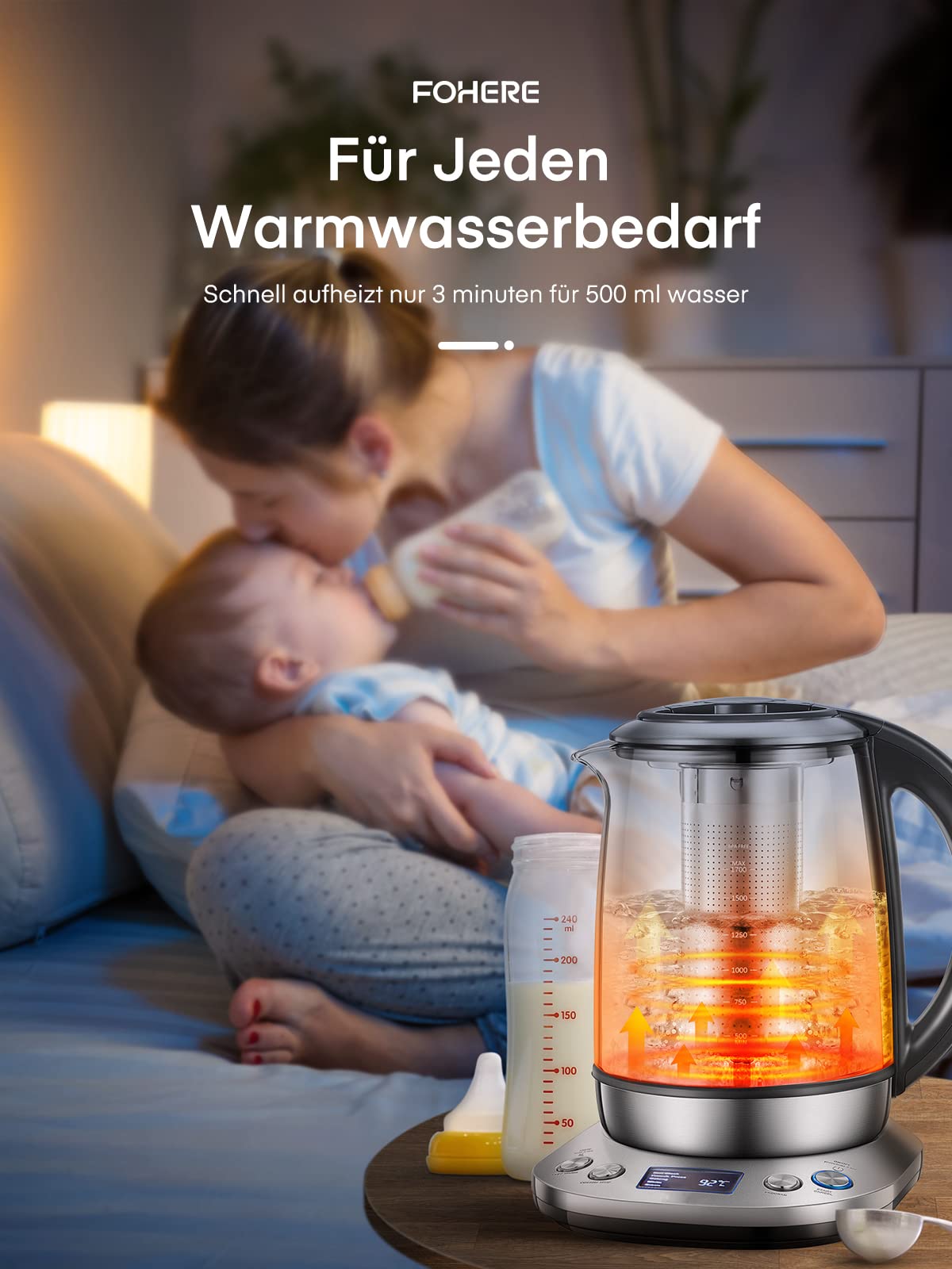 FOHERE Czajnik elektryczny z regulacją temperatury, czajnik elektryczny z 6 ustawieniami, funkcją utrzymywania ciepła przez 2 godziny, czajnik 2200 W, 1,7 l, ekran LCD