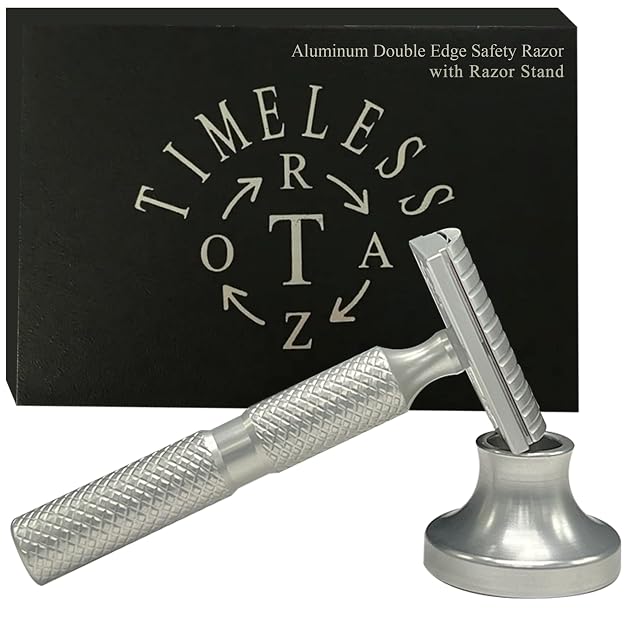 TIMELESS RAZOR Aluminum Double Edge Safety Razor - Luxury Mens Safety Shaving - Travel Razor w Stand Custom