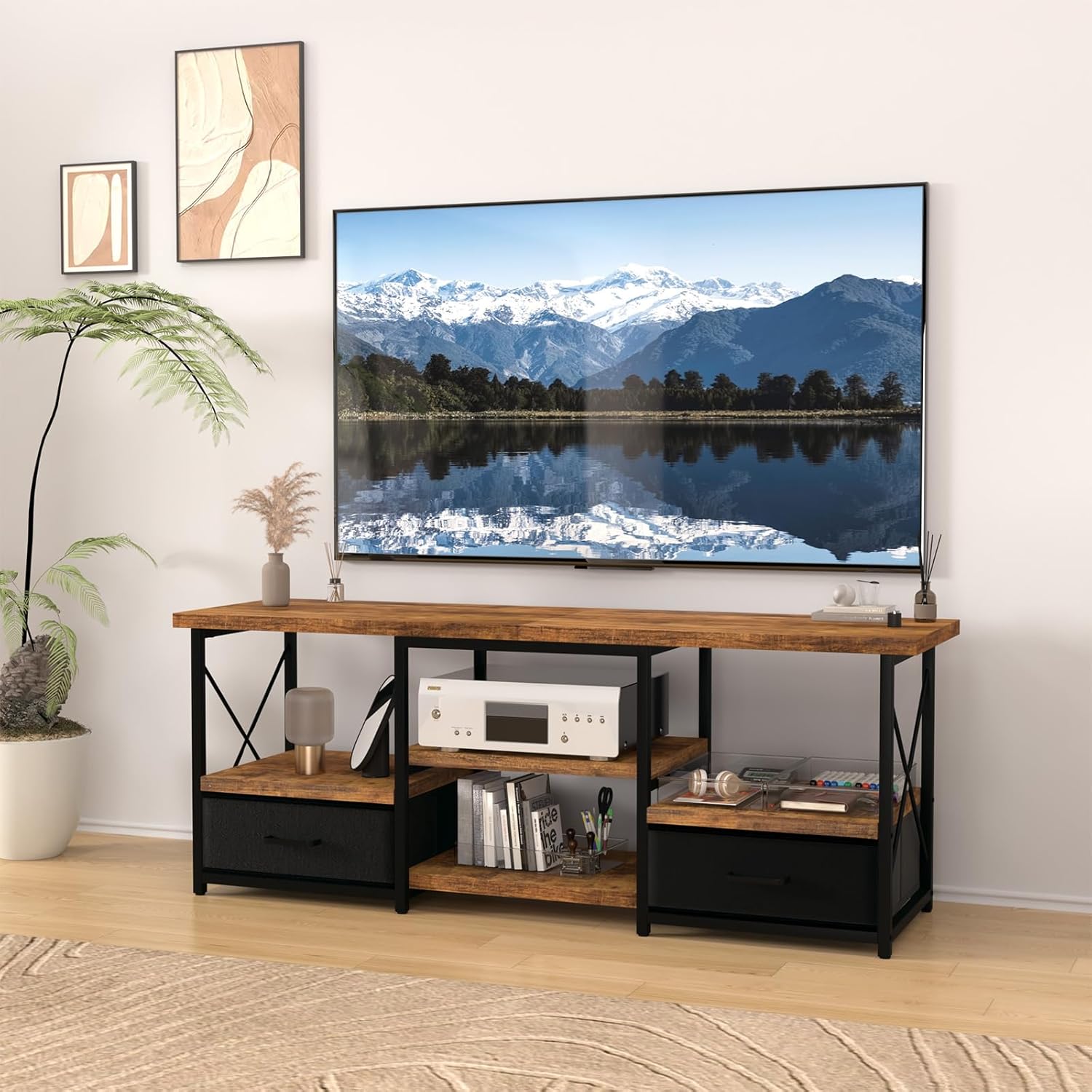 TV Stand with Fabric Drawers for 55 60 65 Inches TV - Modern Entertainment Center with Open Shelves and Cable Management, Industrial Style TV Console for Living Room, Bedroom