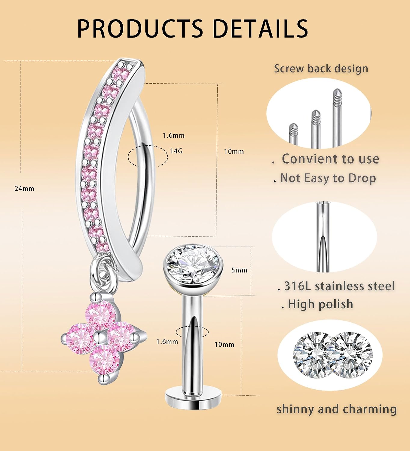 TIANCI FBYJS Belly Button Ring Dangle Surgical Stainless Steel Clicker Belly Rings 14G Floating Belly Piercing Cute Cherry Butterfly Heart Navel Ring Belly Button Piercing Jewelry Barbell for Women