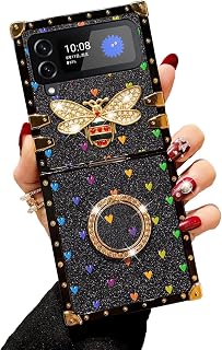 for Samsung Galaxy Z Flip 3 Case for Girls Women Stylish Luxury Bees Design Cases for Samsung Z Flip 3 Phone Case with Ring Stand Holder + Strap Lanyard Shockproof Protection Cover