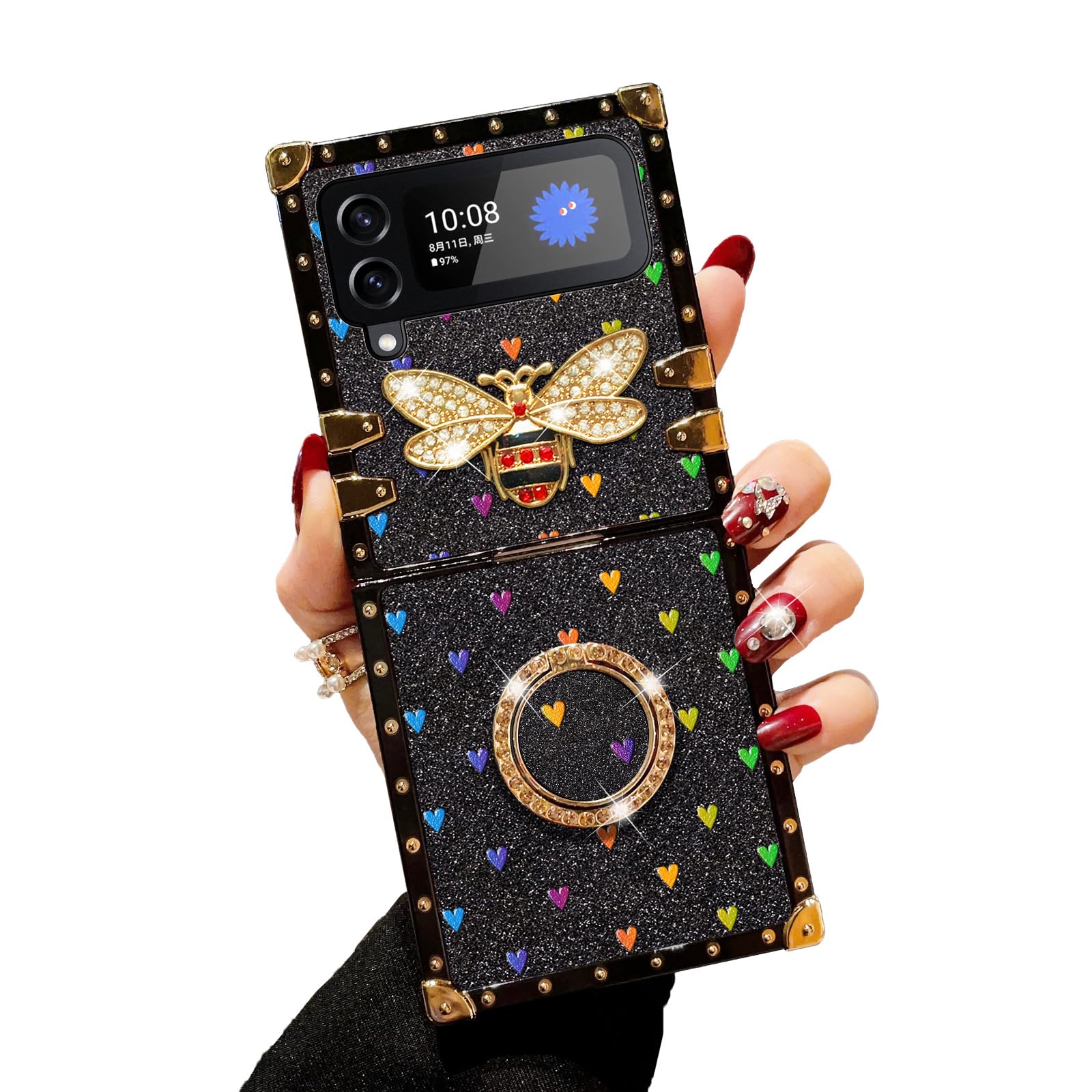 for Samsung Galaxy Z Flip 3 Case for Girls Women Stylish Luxury Bees Design Cases for Samsung Z Flip 3 Phone Case with Ring Stand Holder + Strap