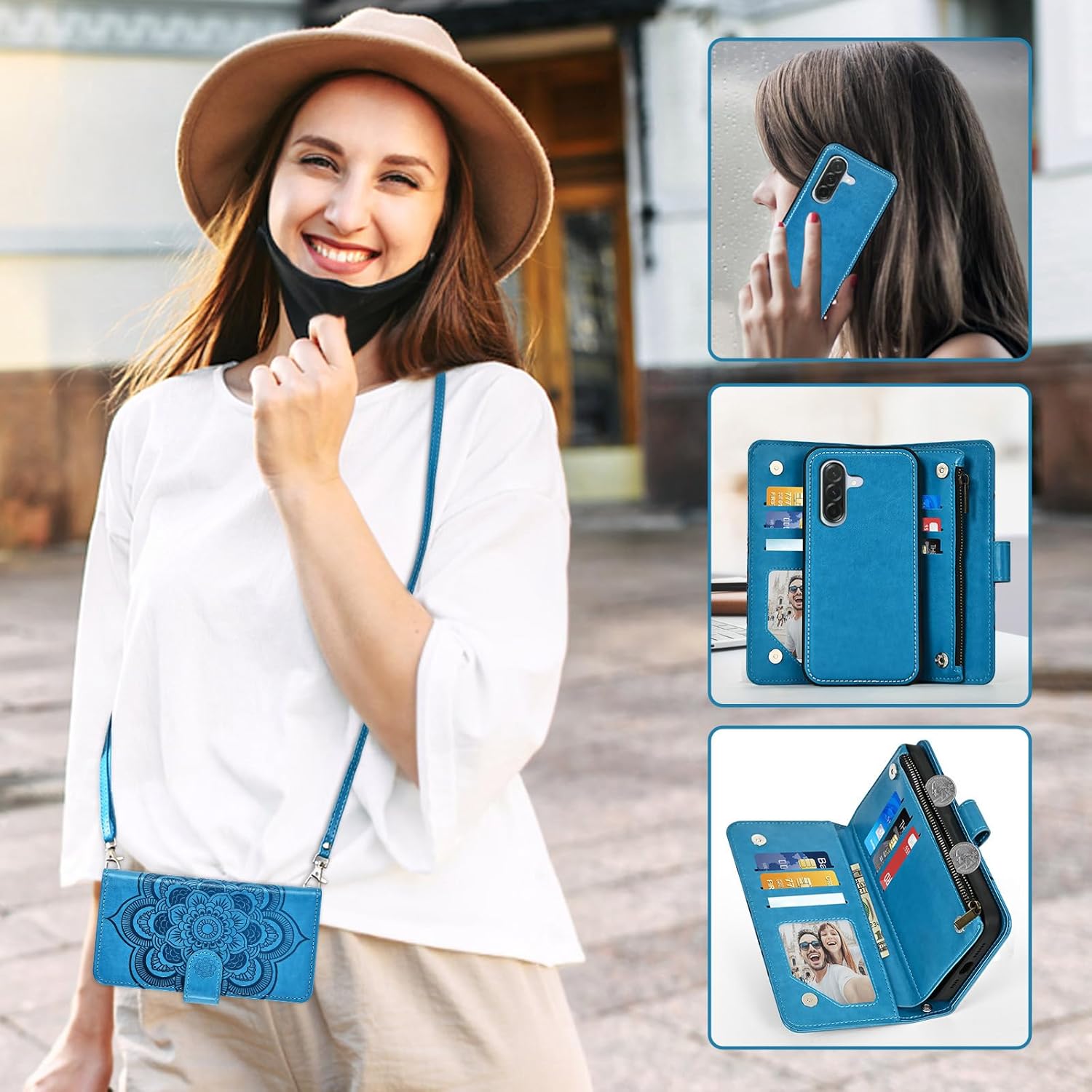 Phone Case for Samsung Galaxy A36 5G Zipper Wallet Detachable Cell Cover with Tempered Glass Screen Protector Crossbody Lanyard Strap Mandala Flower Card Holder A 36 36A LTE SM-A366U Women Girls Blue