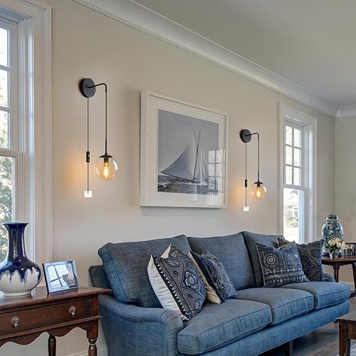 Miniatura 6 de KUZZULL Juego de dos apliques de pared de vidrio ámbar, pantalla de repuesto de bola de vidrio ámbar, pantalla de esfera ámbar para lámpara