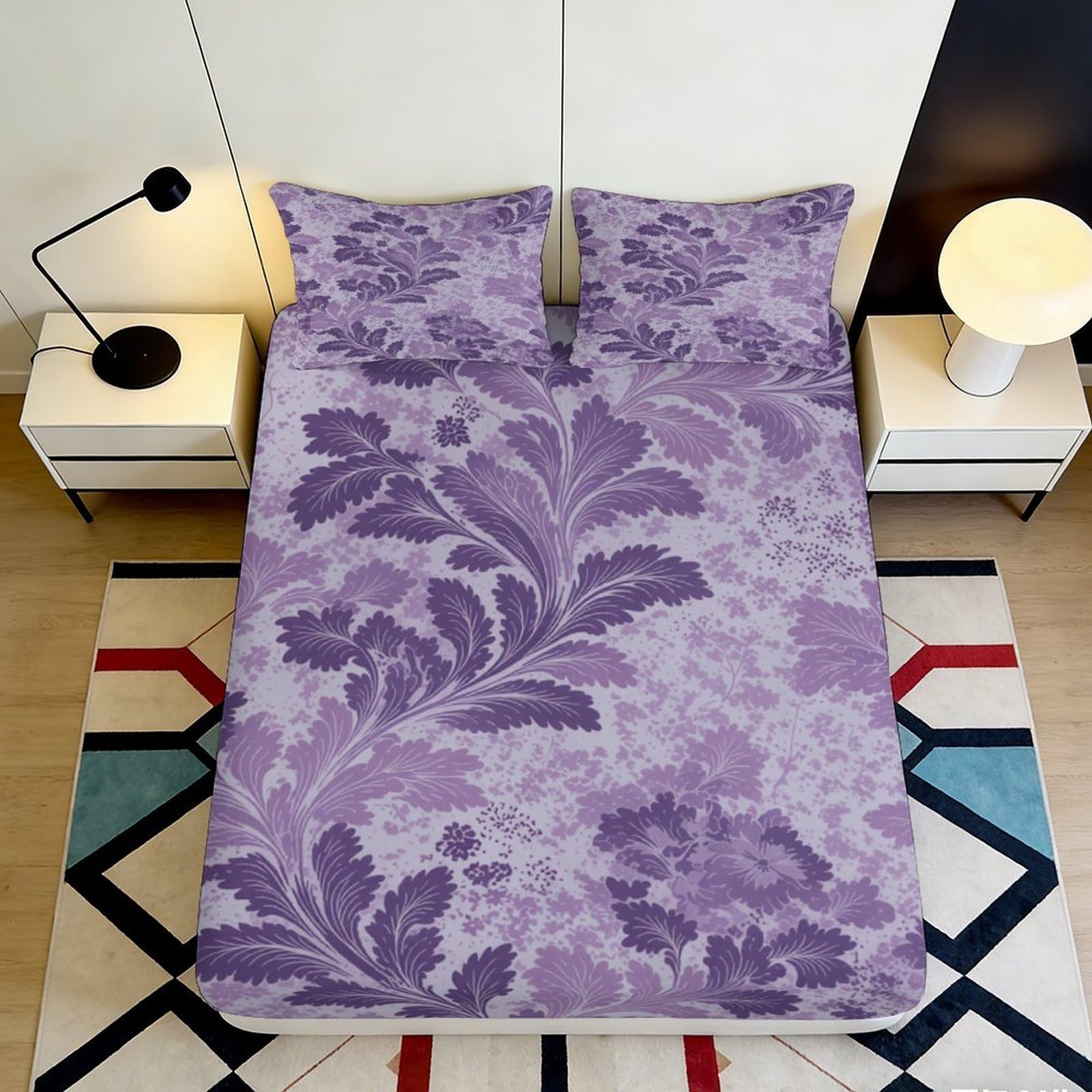 Pnayamiorkfel Style-8 3D Printed Purple Botanical Fitted Sheet Microfiber Soft Floral Mattress Cover For Bedroom Guest Room Easy Care 90X200x25cm