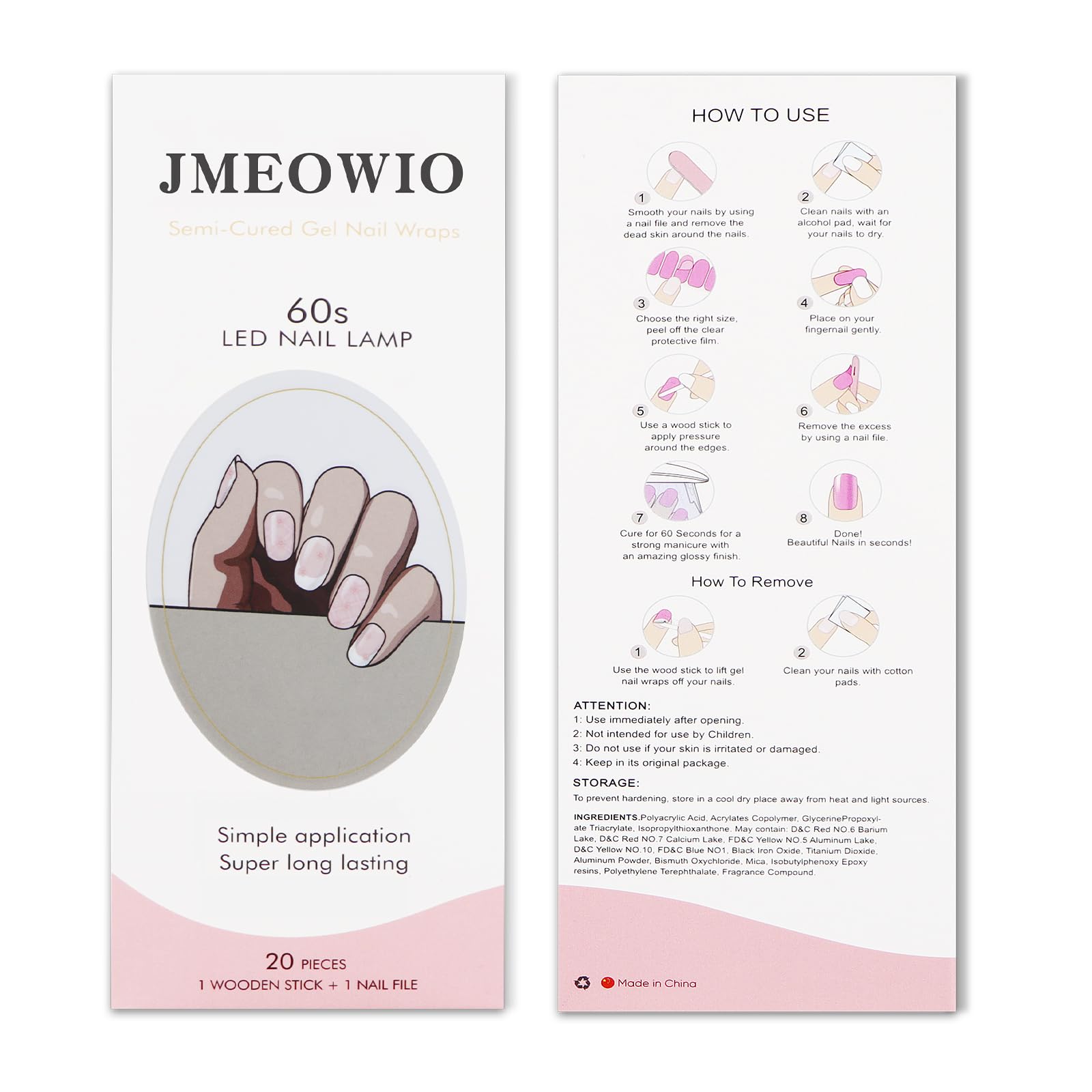 JMEOWIO Gel Nail Stickers French Tip White Pink Flower Semi Cured Gel Nail Strips Wraps UV/LED Nails Art Design Decoration Accessories - Image 4