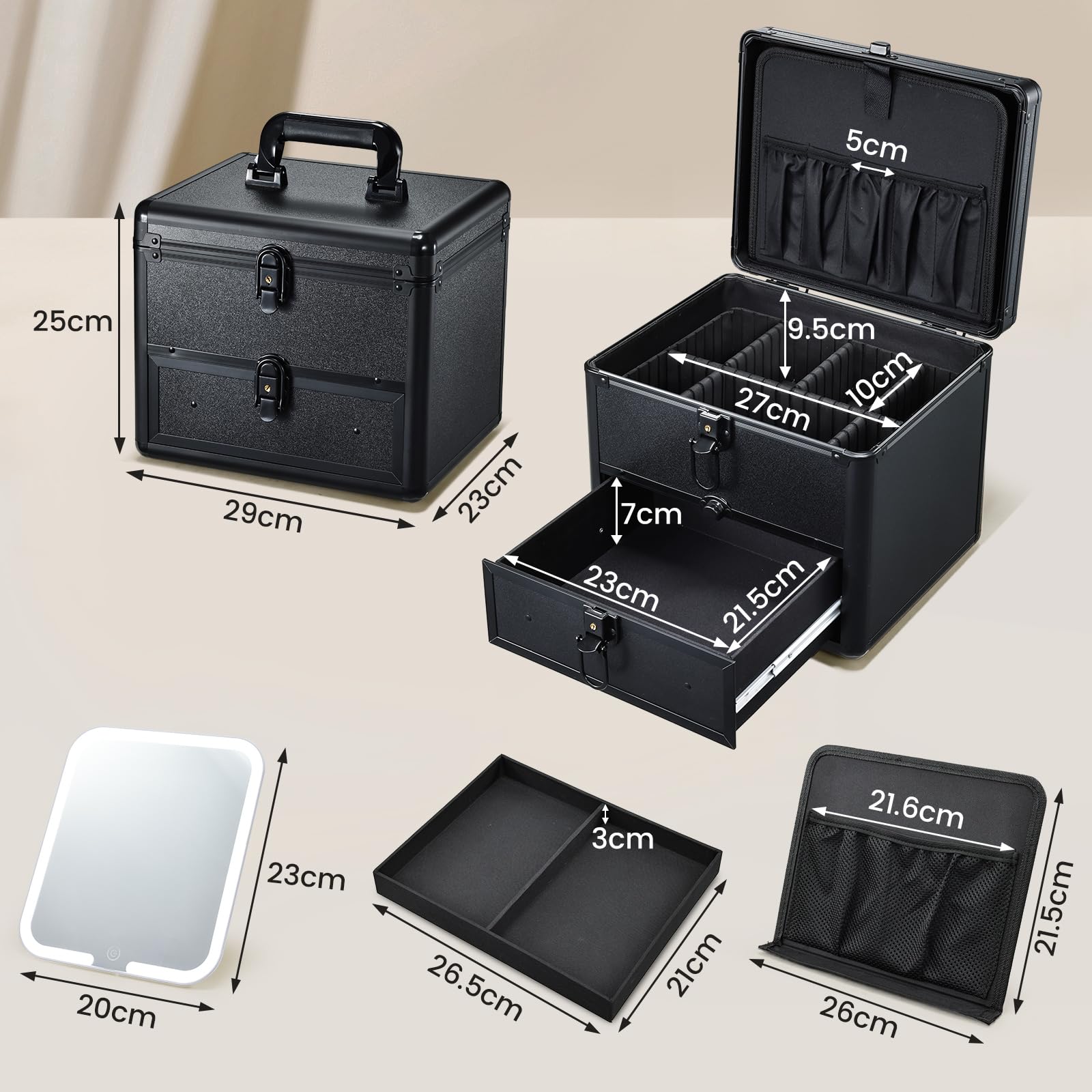 Beauty case con specchio a LED, scatola per il trucco rimovibile con specchio luminoso, portatile, beauty case per truccatori con divisori regolabili e porta pennelli da trucco, Nero con cassetto
