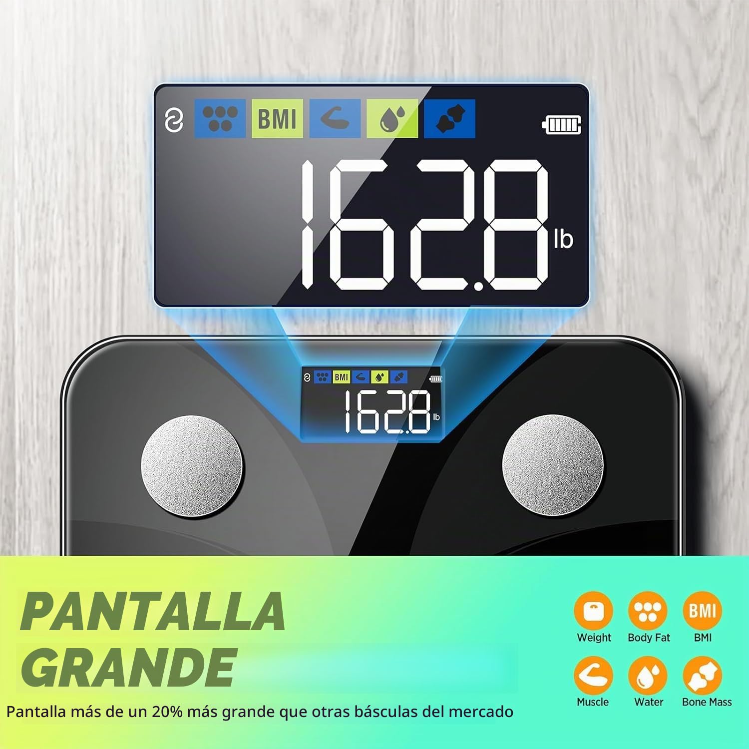 Runstar Báscula de Baño Digital Inteligente con App - Análisis de 13 Composición Corporal (Grasa, Músculo, IMC, Agua) y Alta Precisión hasta 180kg para Hombres y Mujeres