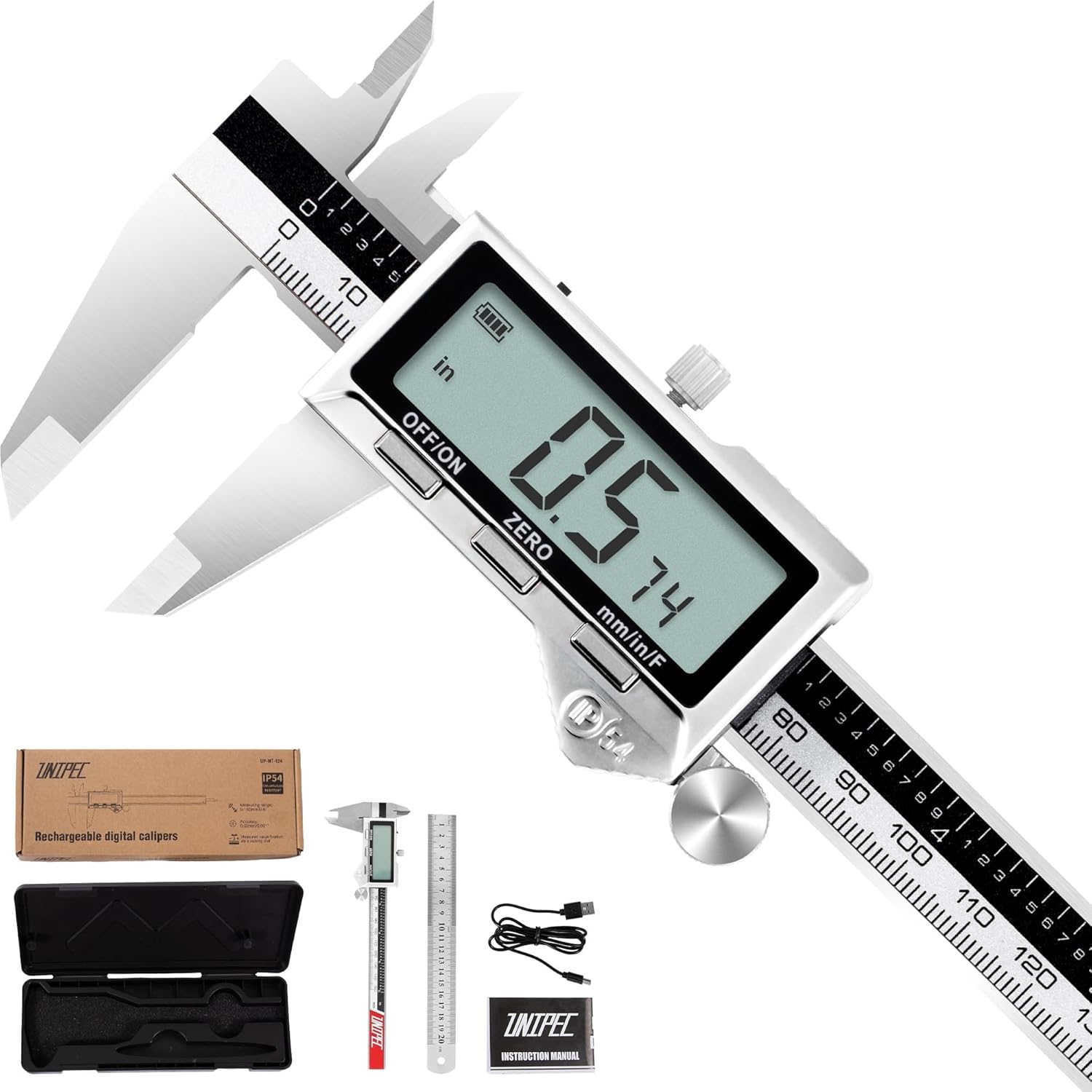 Rechargeable Caliper 6 inch, Stainless Steel Vernier Micrometer Measuring Tool with Large LCD Display