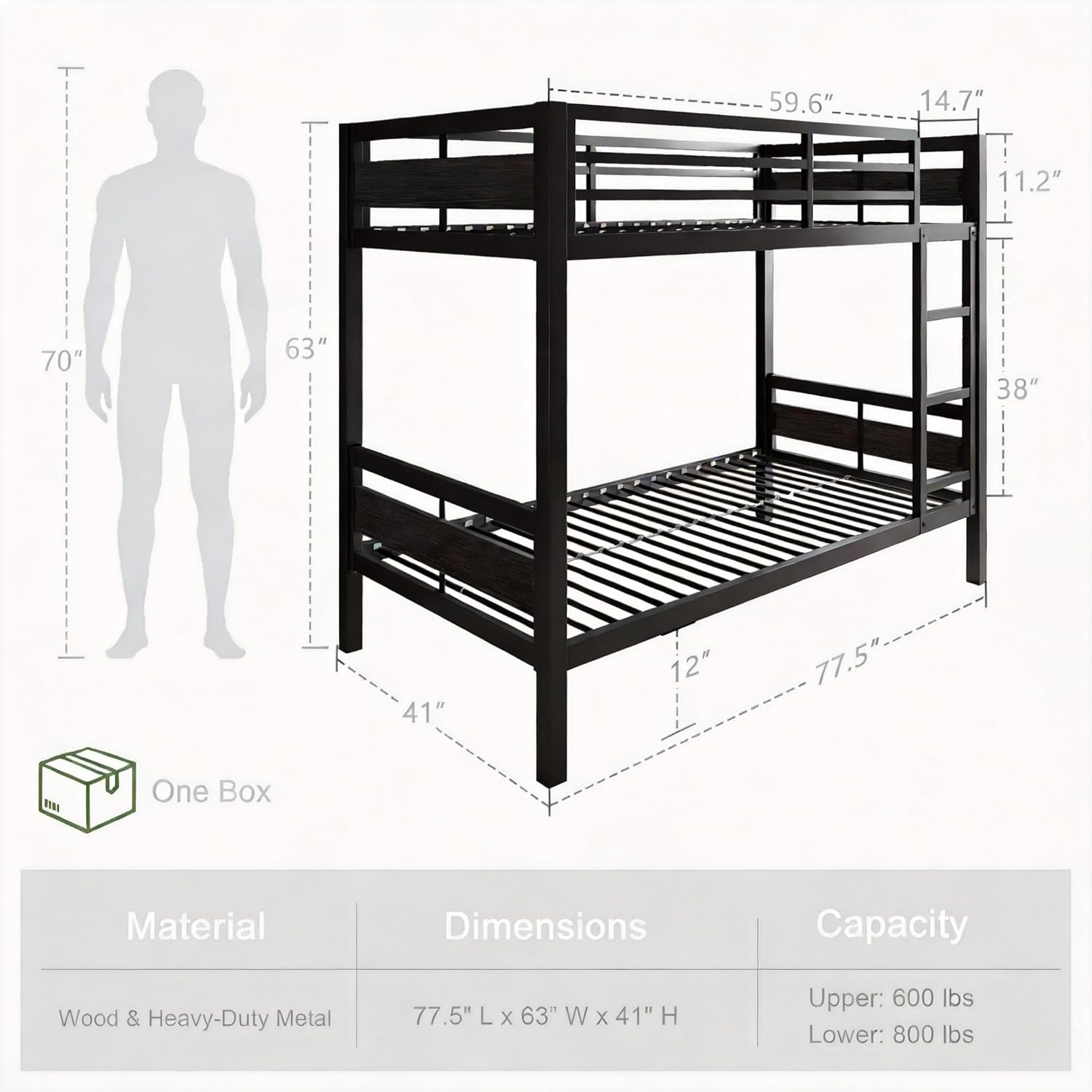 Metal Bunk Bed Twin Over Twin, Heavy Duty Steel Frame with Full-Length Guardrail, Space-Saving Design with Under-Bed Storage, No Box Spring Needed, Noise-Free, Easy Assembly, Black - Image 2