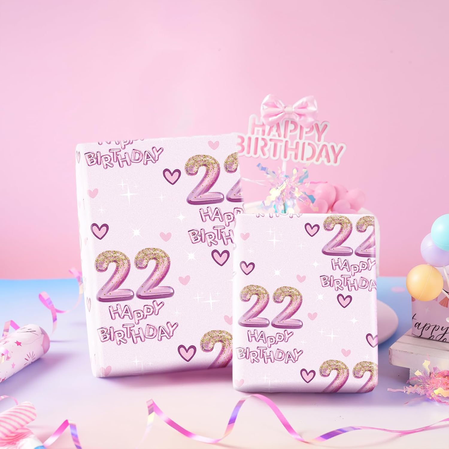 RUSPEPA 22th Birthday Wrapping Paper Girls, Hearts and Pink Number 22 Balloons Happy Birthday Design, 22 Years Old, Mini Roll, 17 Inches x 16.4 Feet, Perfect for Girls' Party Gifts image 5