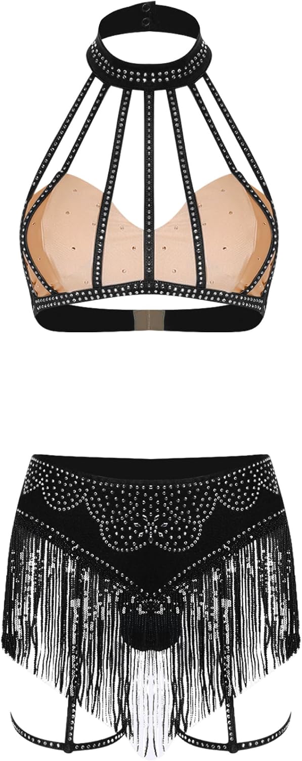Women's Belly Dance Sparkle Rhinestone Halter Cage Top Sequin Tassel Briefs Garter Bands Set