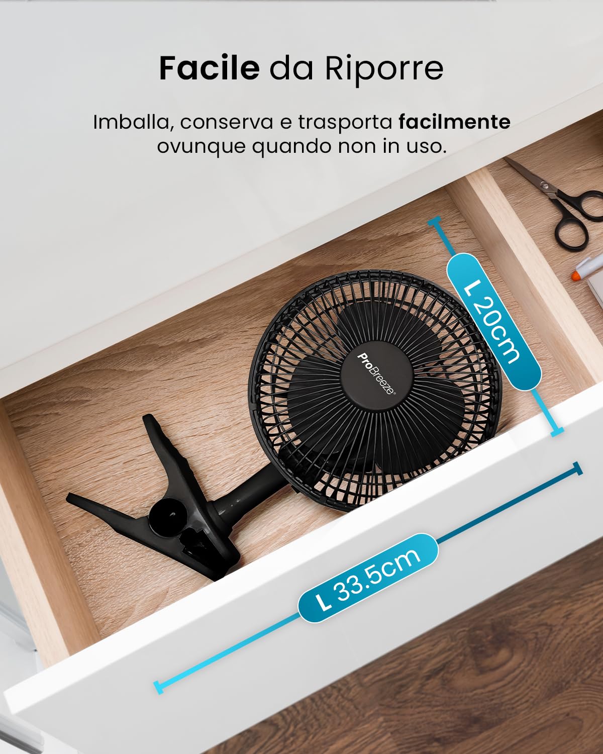 Pro Breeze Ventilatore Nero con Clip– Ultra Silenzioso Ventilatore Piccolo Potente da Tavolo, 2 Velocità, Rotazione 360° e Inclinazione 100°, Ventilatore Portatile per Casa e Ufficio Scrivania, 15W