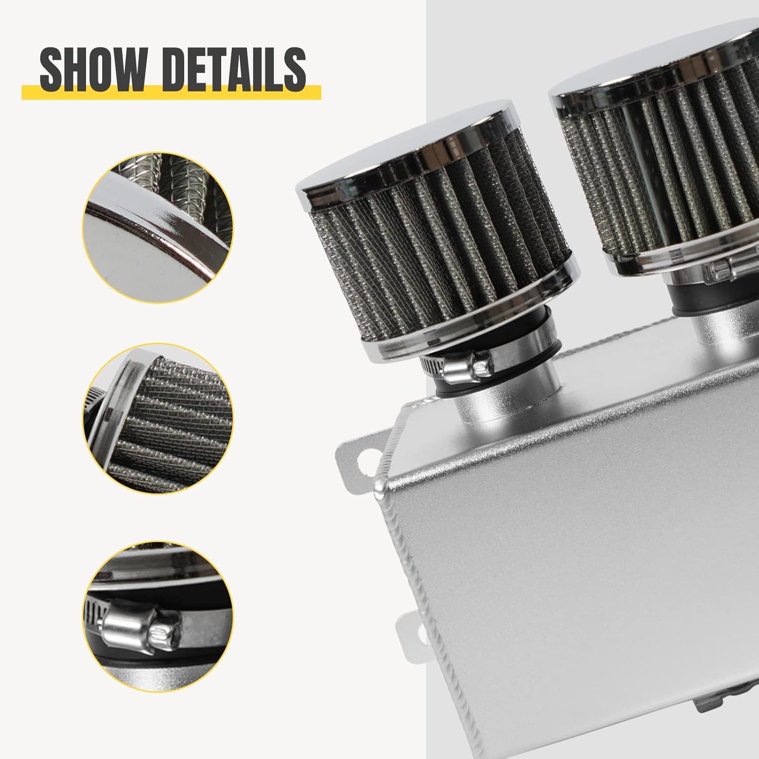 Universal Aluminum AN10 1.2L Twin Baffle Dual Filter Engine Oil Catch Can Tank With 2 Air Filters Oil Catch Reservoir Tank Can Breather Kit Silver