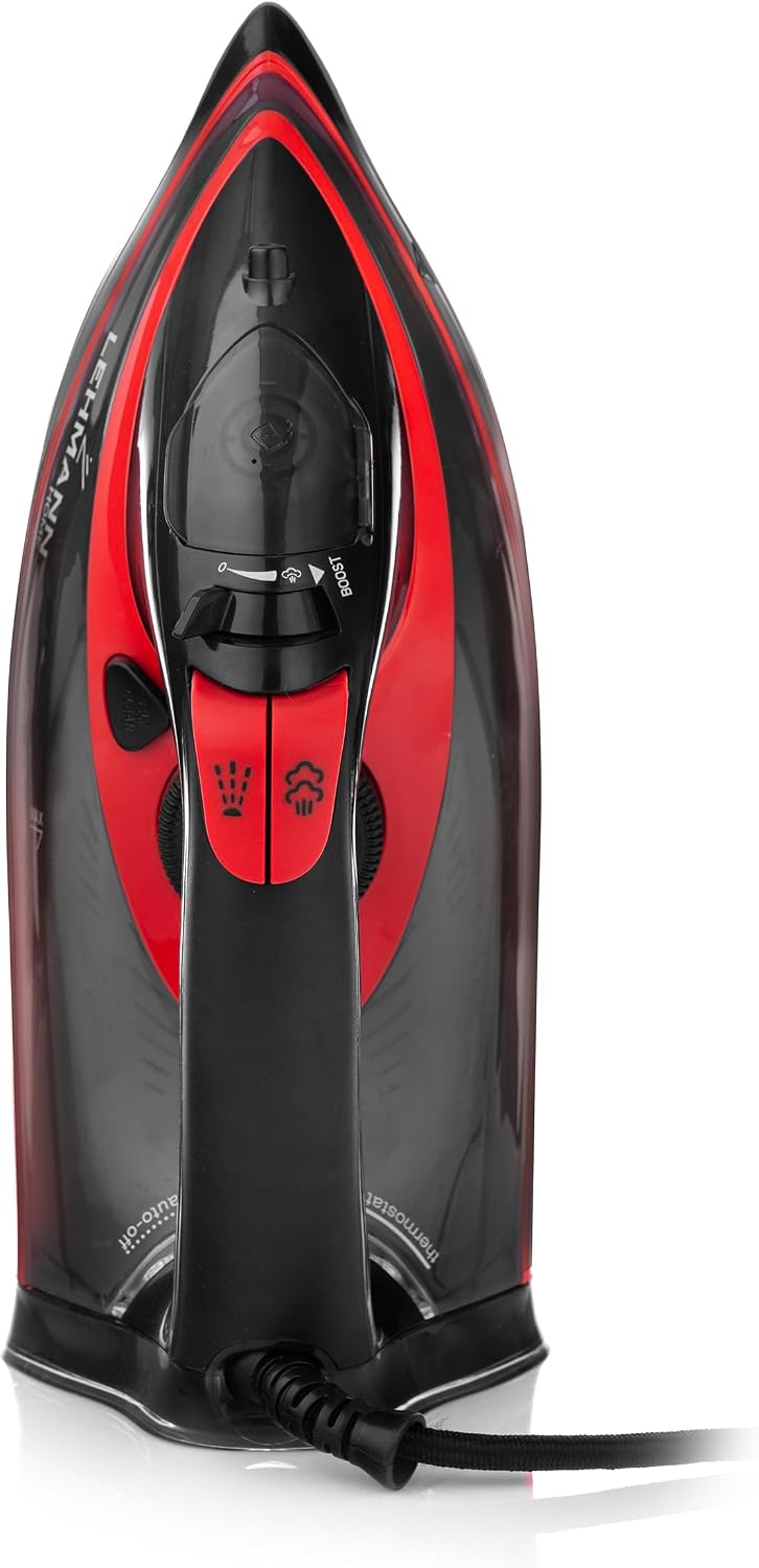 Top view of the LEHMANN Strokkur steam iron, showing the handle, steam buttons, temperature dial, and water tank cap.