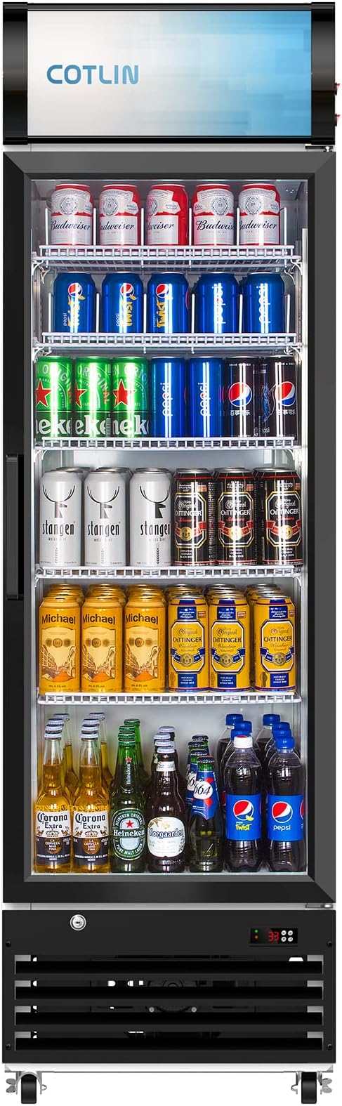 COTLIN Glass Door Merchandiser Refrigerator with LED Lighting, 12.5 cu.ft Commercial Beverage Cooler, Dual-Layer Glass Extra Adjustable Shelves and Drink Organizers, ETL NSF Approved