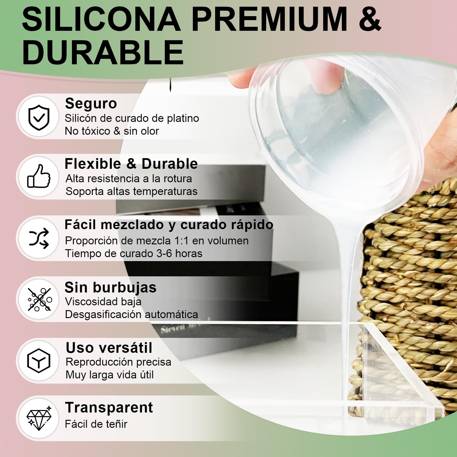 Silicona líquida translúcida 20A 2L, silicona para moldes, kit de fabricación de moldes de silicona, kit profesional de caucho líquido para resina, velas y jabón