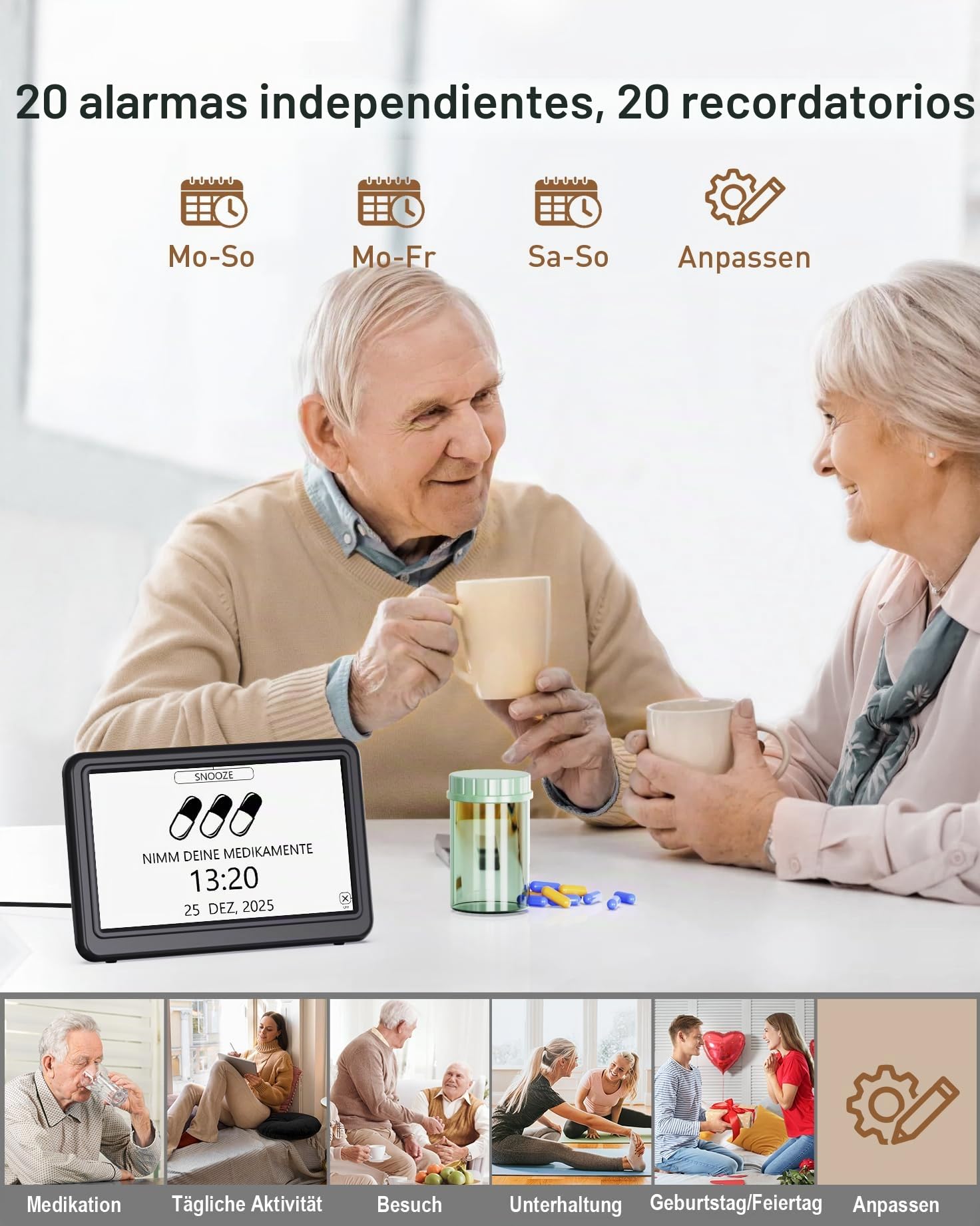 Roxicosly Calendario digital, reloj electrónico con fecha de día, reloj digital con 20 recordatorios personalizados, 20 despertadores, 12 temas, 10 niveles de atenuación, reloj de demencia de 7