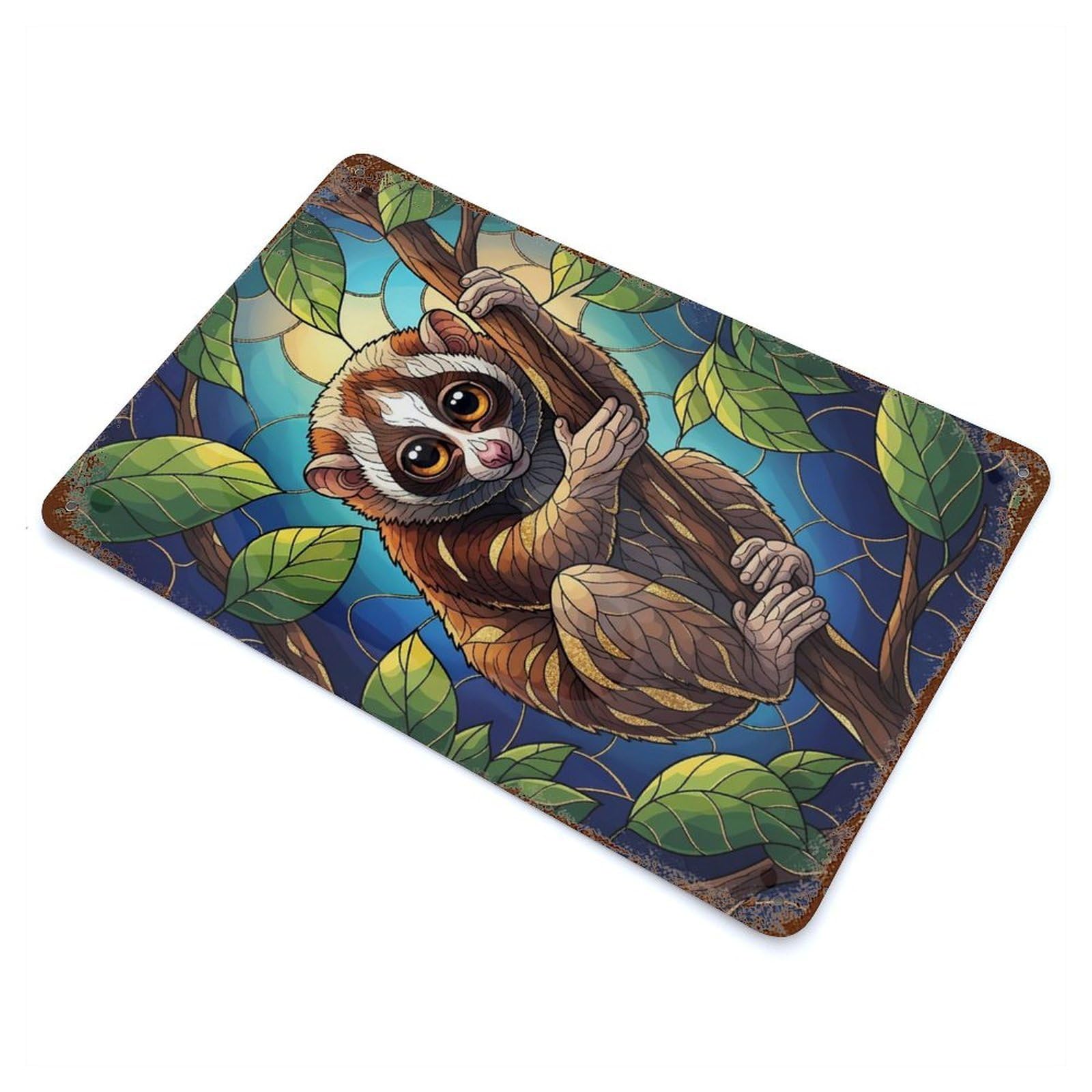Cute Loris on Branch Stained Glass Vintage Wall Sign 11.8"x7.9", Rust Effect Metal Decor for Bistro, Counter And Cafe Decor